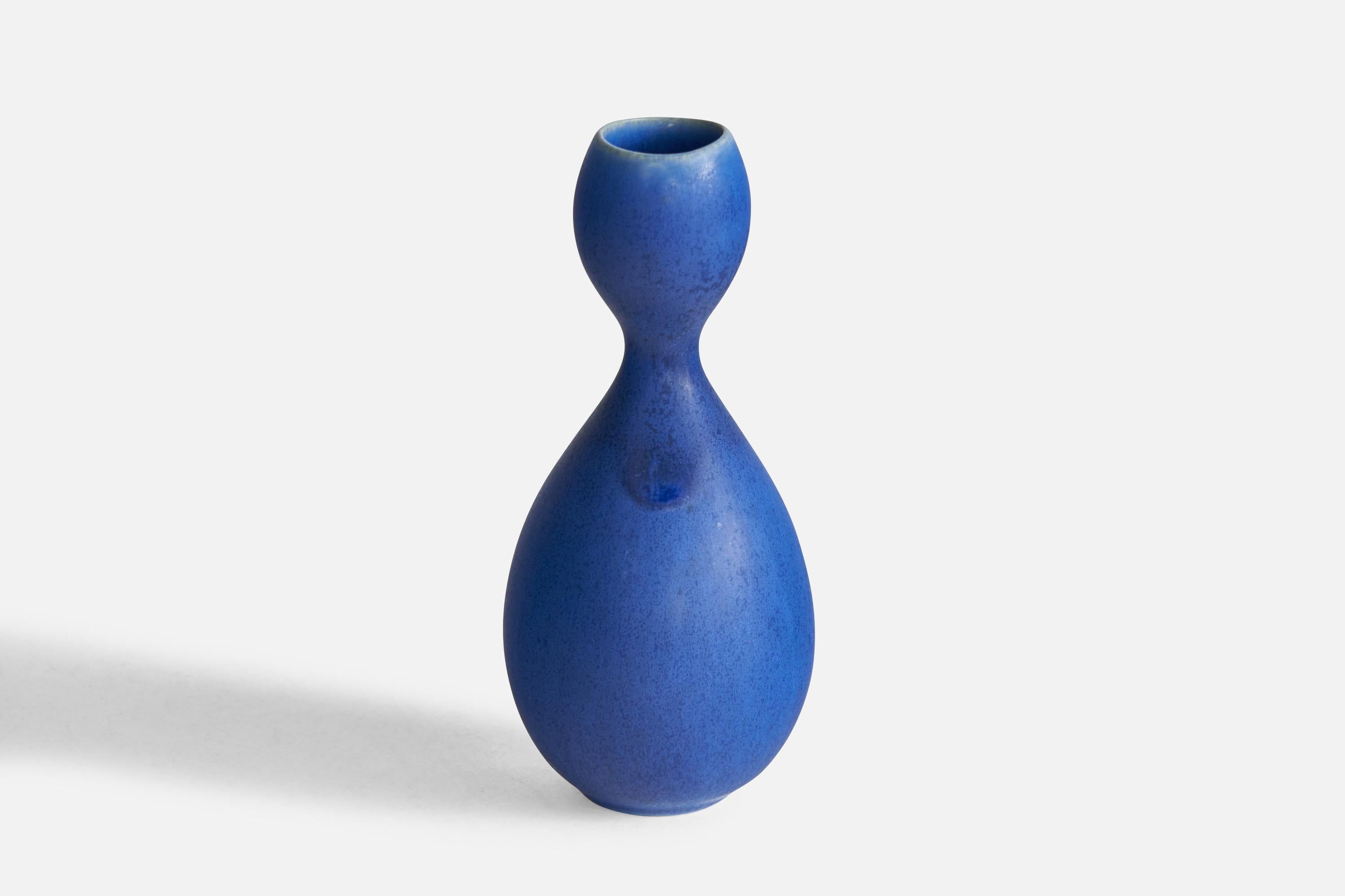 A small organic blue-glazed ceramic vase designed by Stig Lindberg and produced by Gustavsberg, Sweden, 1950s.