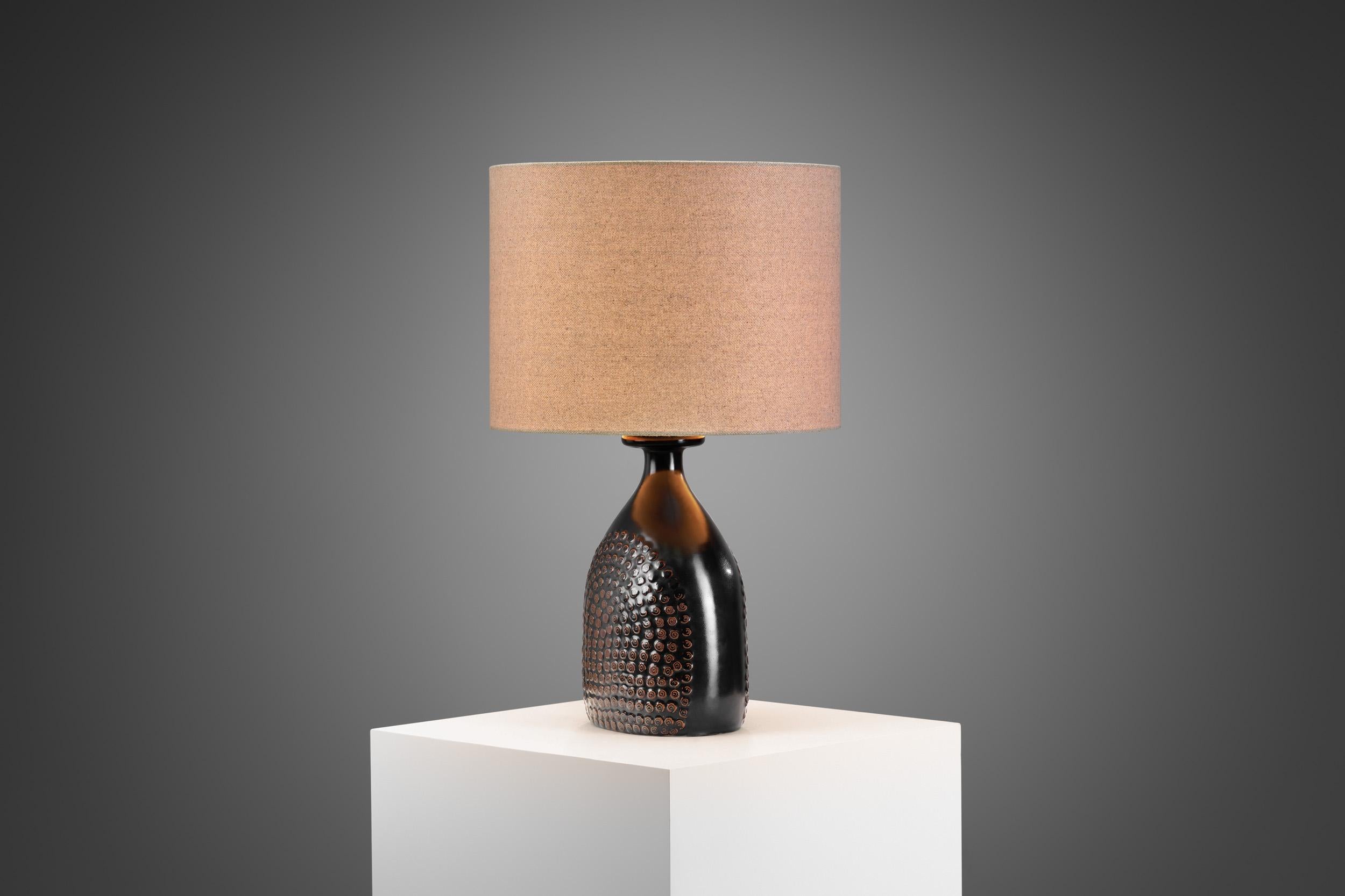 Mid-Century Modern Stig Lindberg Stoneware Table Lamp with Fabric Shade, Sweden 1960s