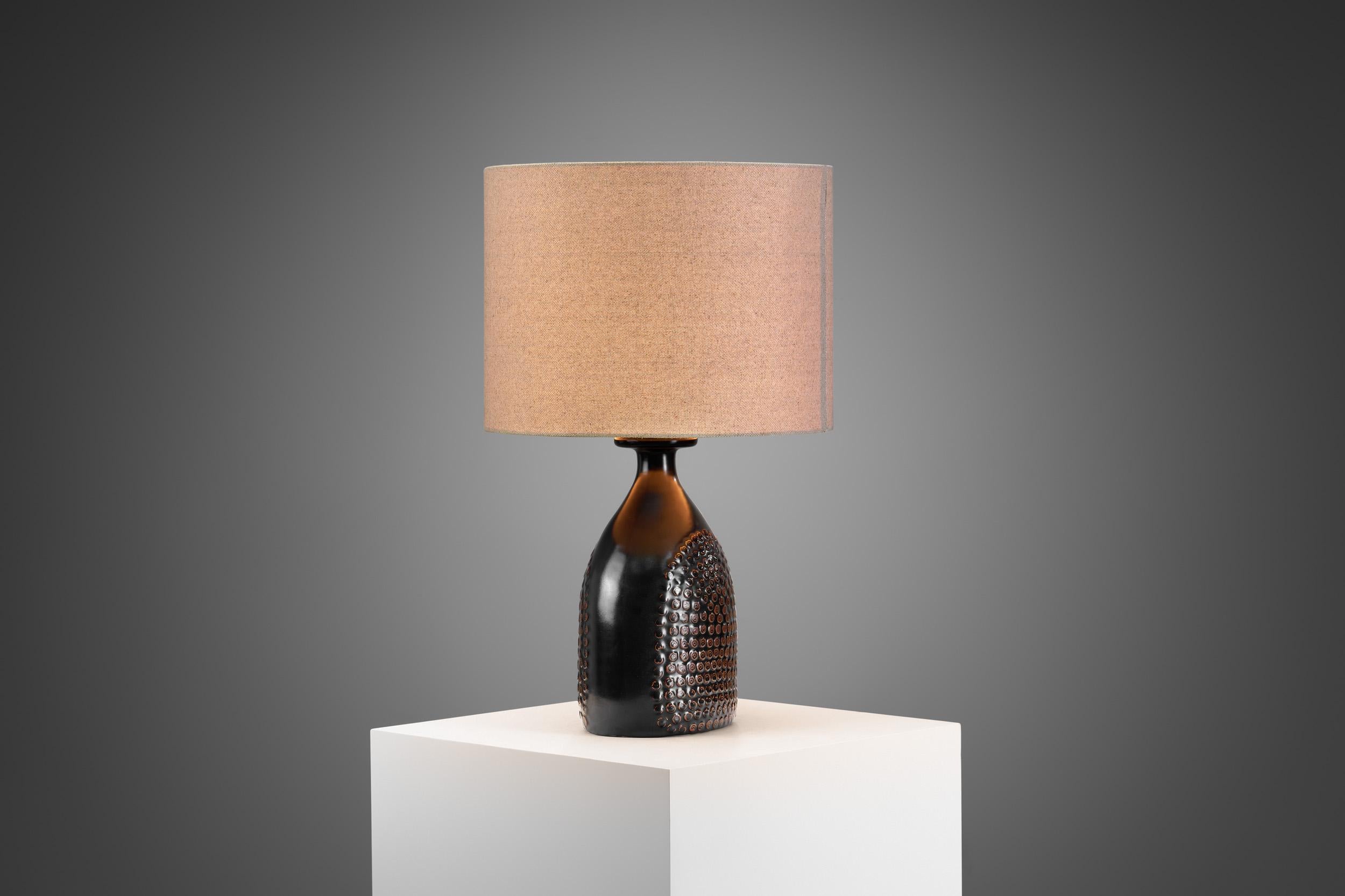 Ceramic Stig Lindberg Stoneware Table Lamp with Fabric Shade, Sweden 1960s For Sale