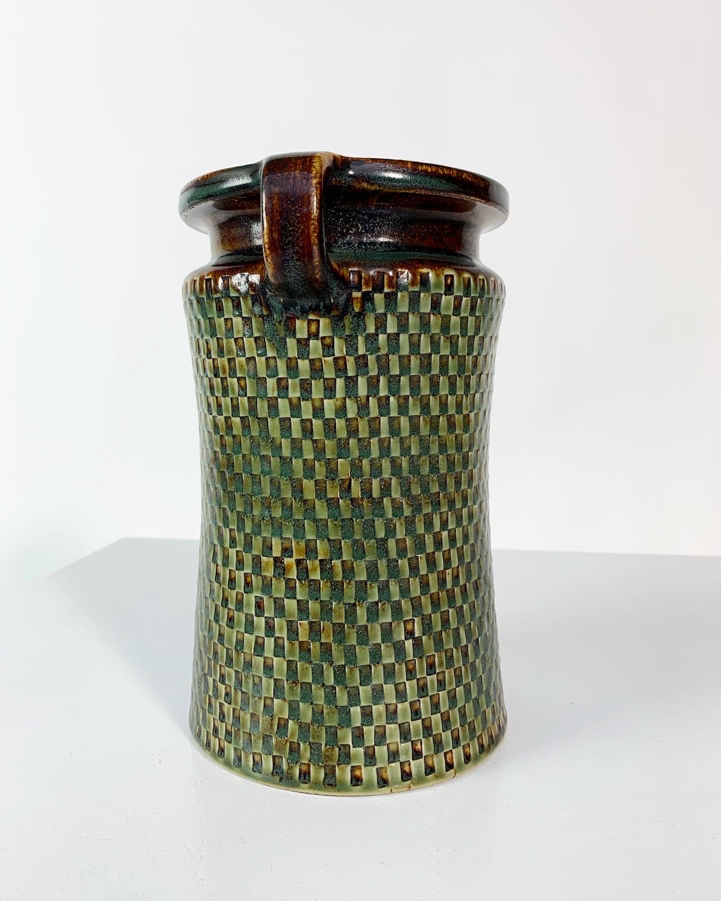 Mid-Century Modern Stig Lindberg Stoneware Vase Handles Chess Pattern Gustavsberg, Sweden, 1960s