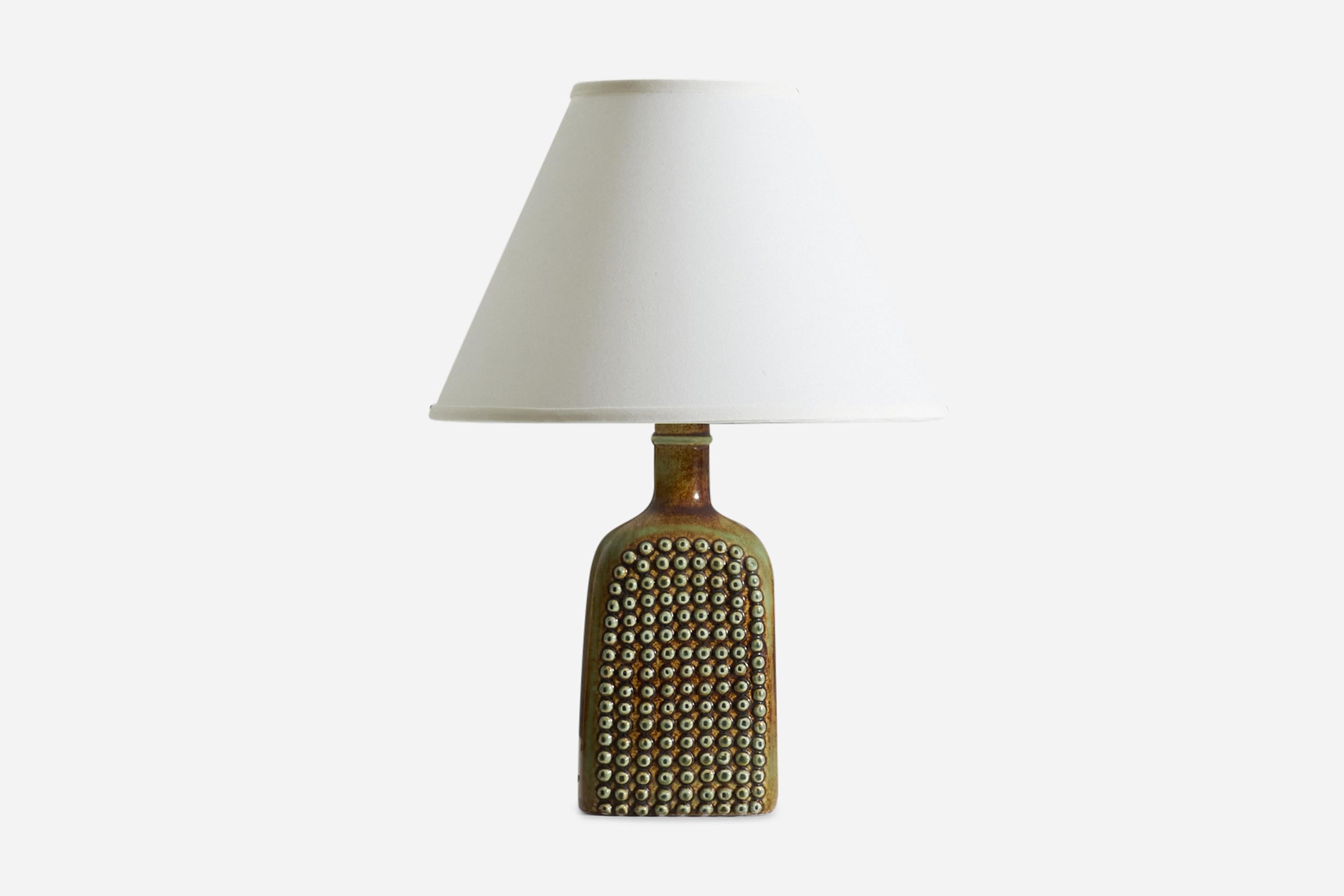 Swedish Stig Lindberg, Table Lamp, Green Ceramic, Fabric, Gustavsberg, Sweden, 1950s For Sale