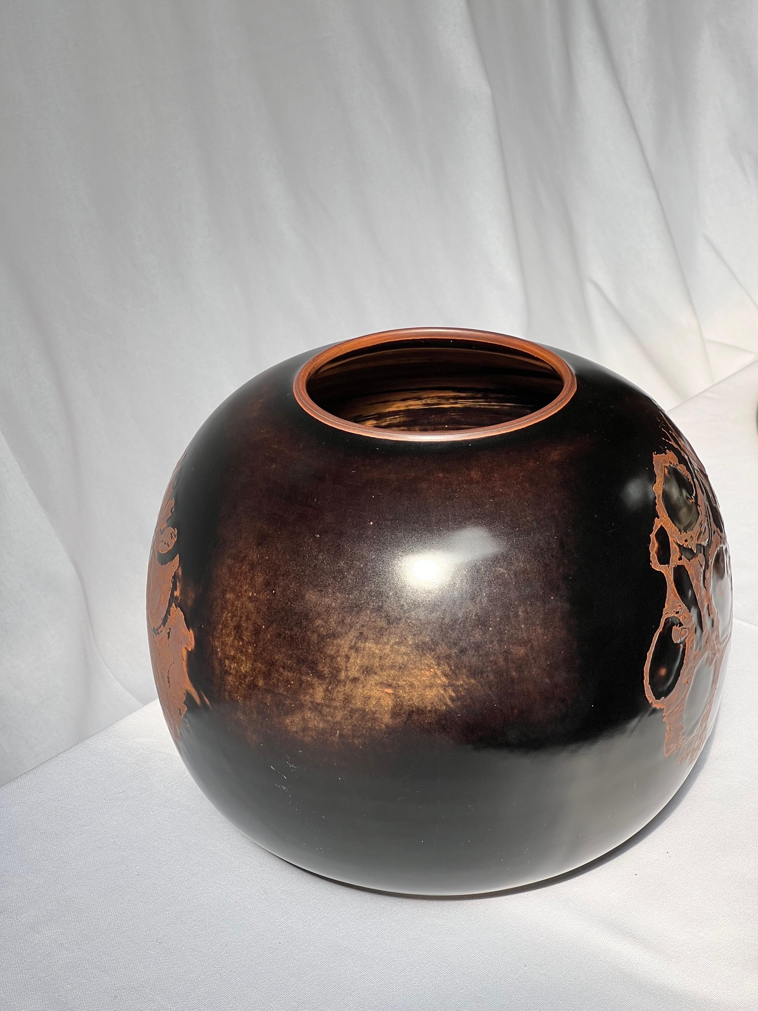 Glazed Stig Lindberg Unique Huge bowl vase in black Glaze Tenmoku handmade Sweden 1977 For Sale