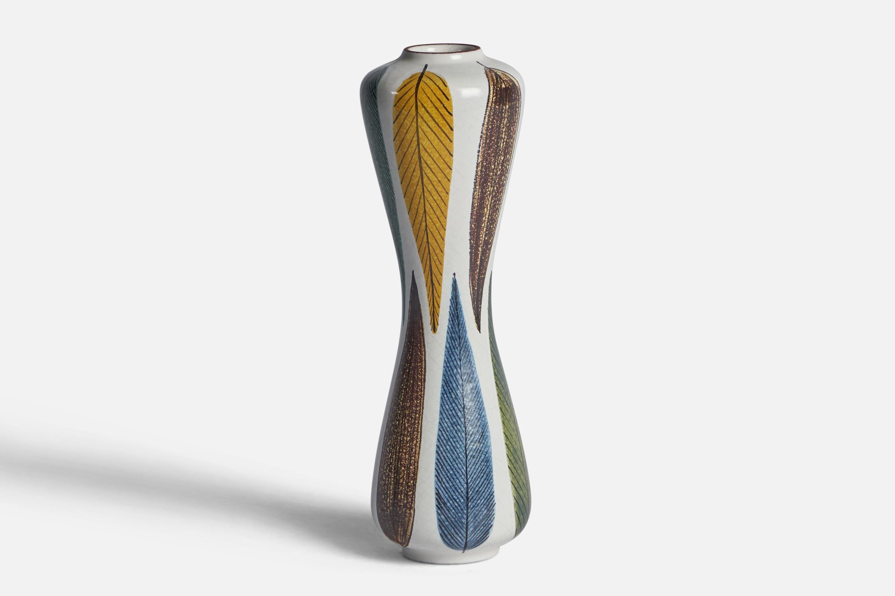 A multicoloured stoneware vase designed by Stig Lindberg and produced by Gustavsberg, Sweden, c. 1960s.
