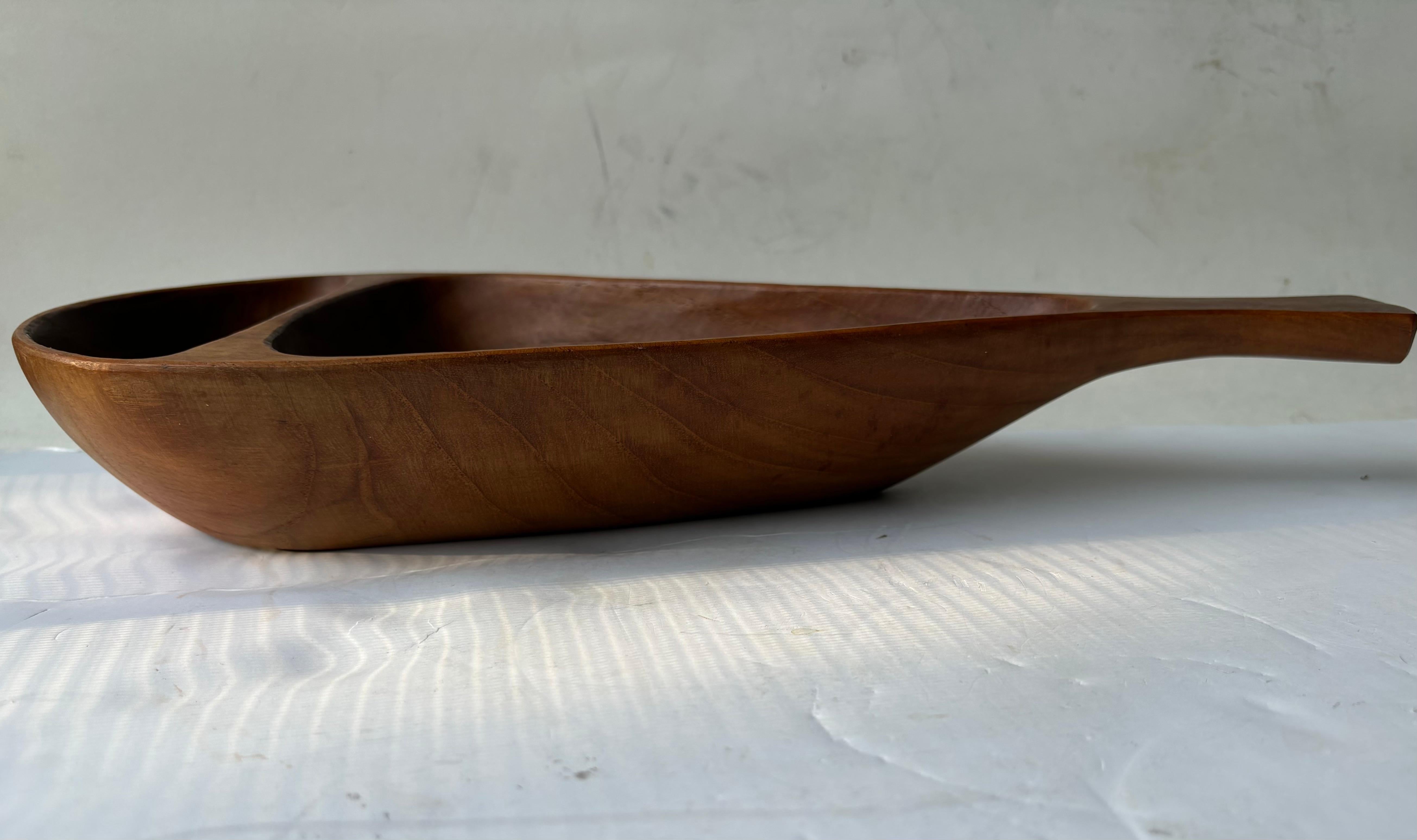 Modern Stig Sandqvist long teak wood double bowl . marked SS , Sweden . For Sale