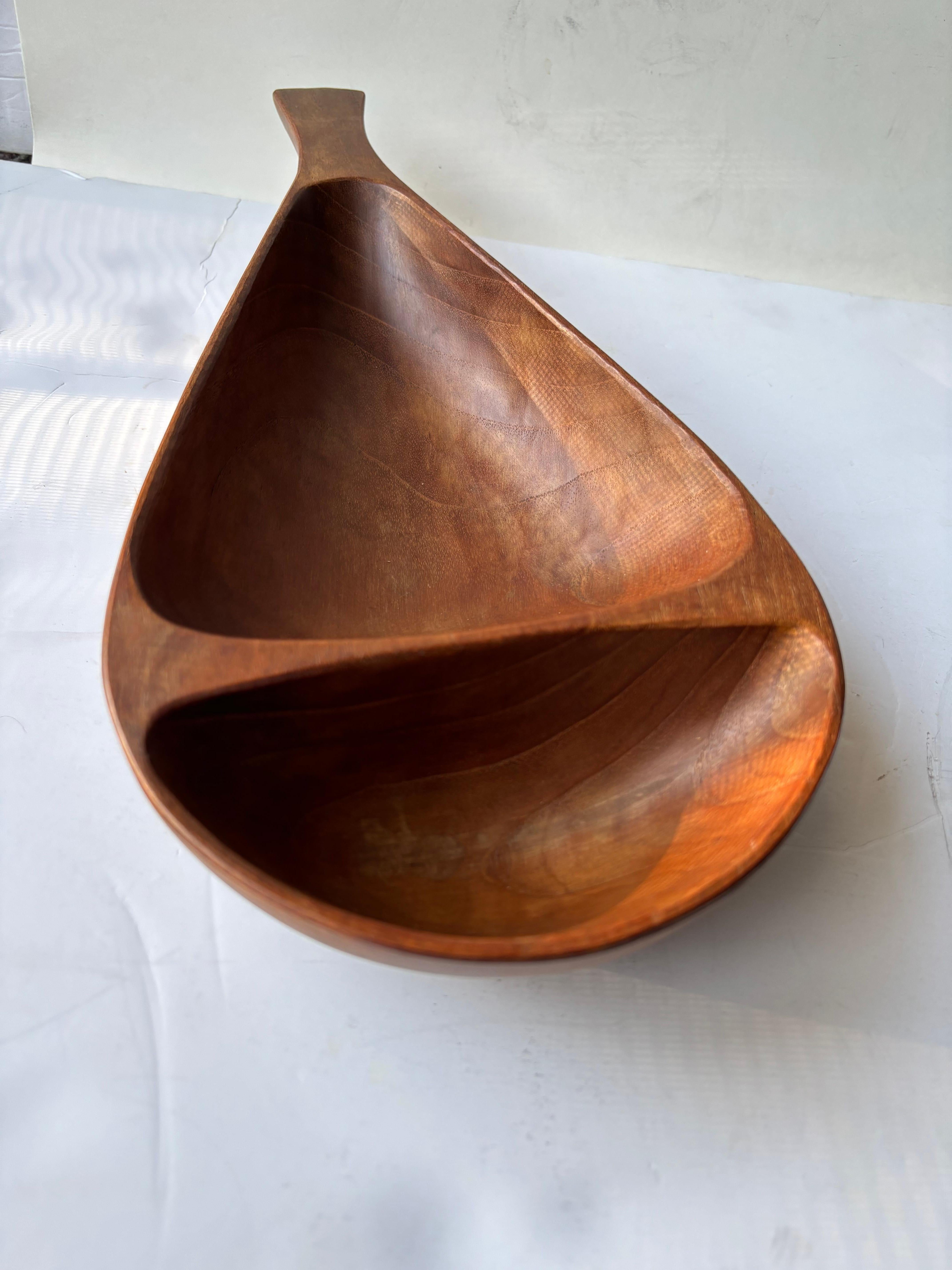 Swedish Stig Sandqvist long teak wood double bowl . marked SS , Sweden . For Sale