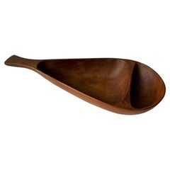 Stig Sandqvist long teak wood double bowl . marked SS , Sweden .