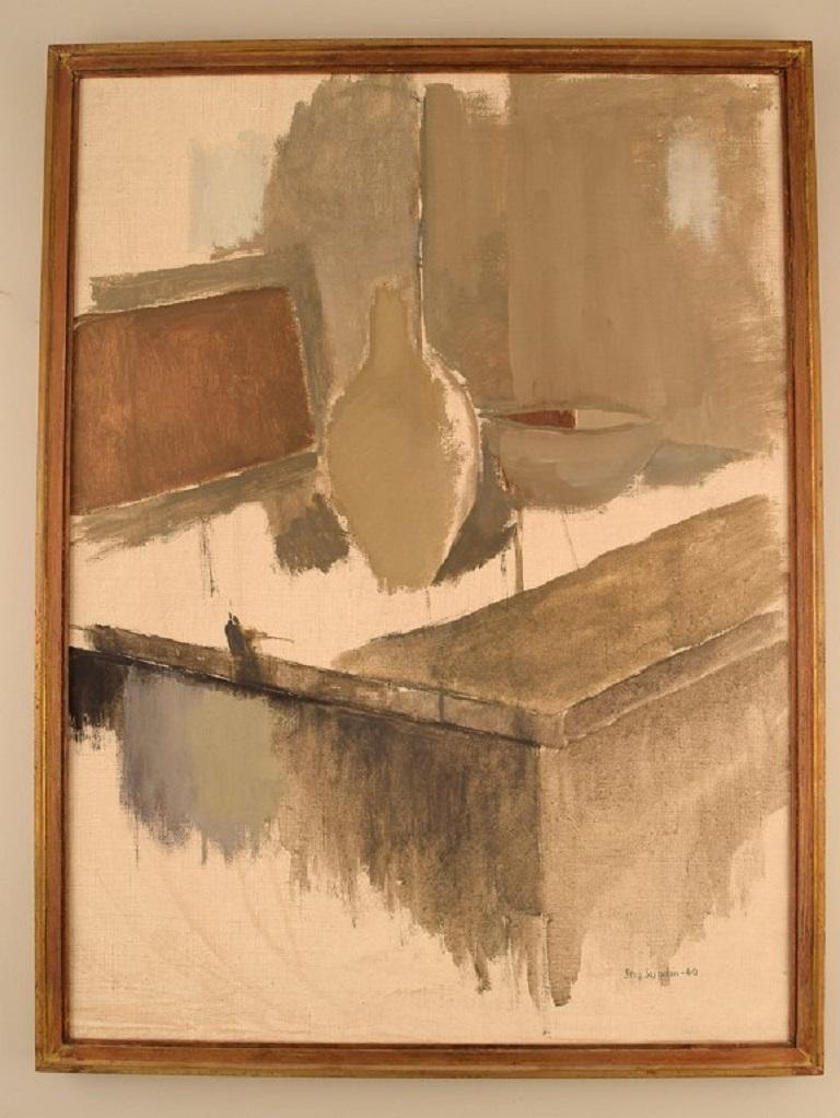 Stig Sundin (1922-1990), Sweden. Oil on canvas. Modernist still life. Dated 1960.
The canvas measures: 61 x 45 cm.
The frame measures: 2 cm.
In excellent condition.
Signed and dated.