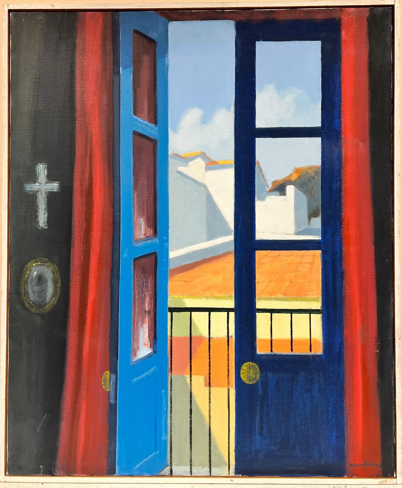 Schwedisches modernistisches Ölgemälde, offenes Fenster, Terrasse, Innenraumansicht, signiert – Painting von Stig Wernheden (1921–1997)