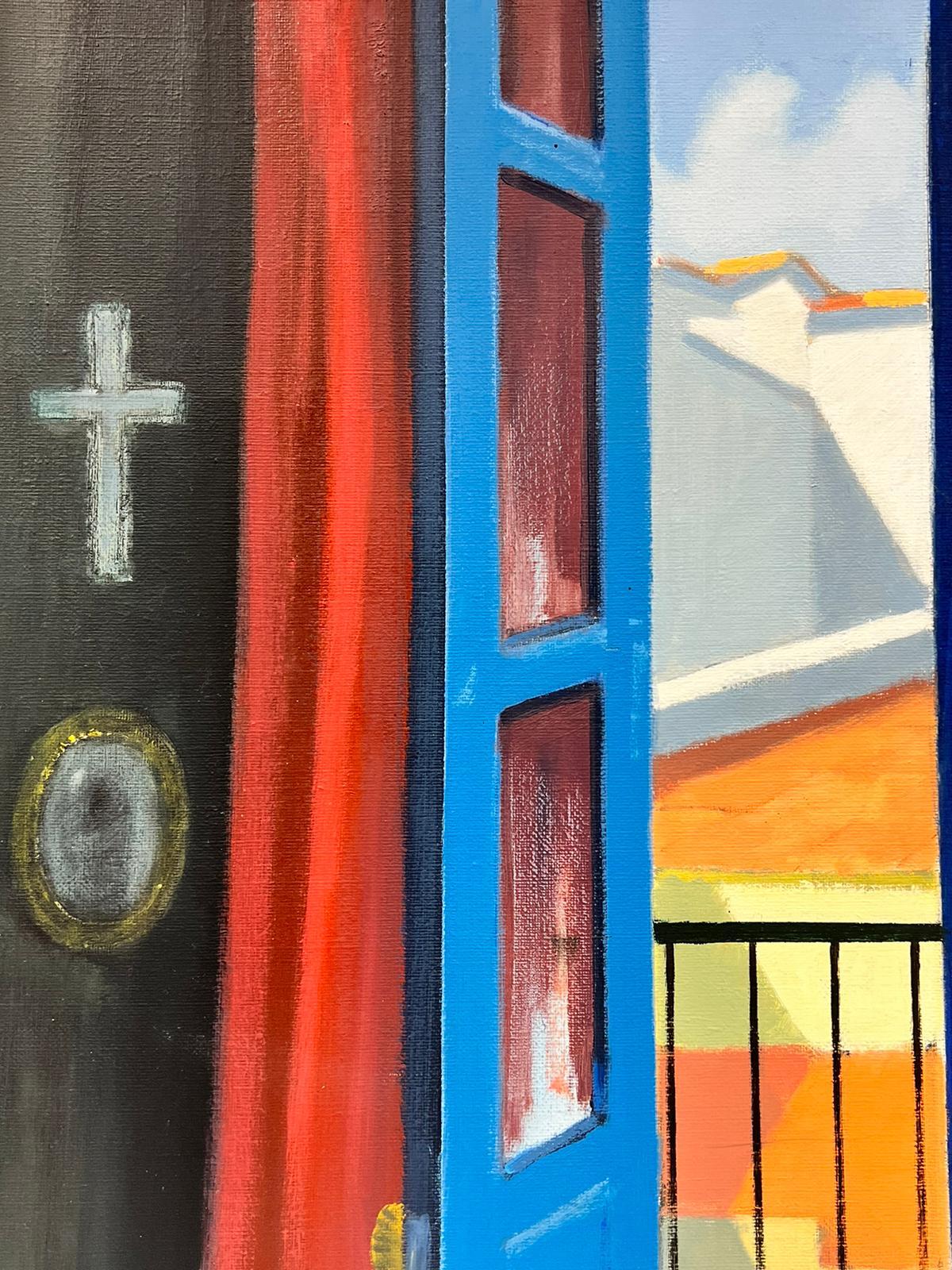 Pintura al Óleo Modernista Sueca Ventana Abierta Patio Interior Habitación Vista firmada - Painting Moderno de Stig Wernheden (1921–1997)