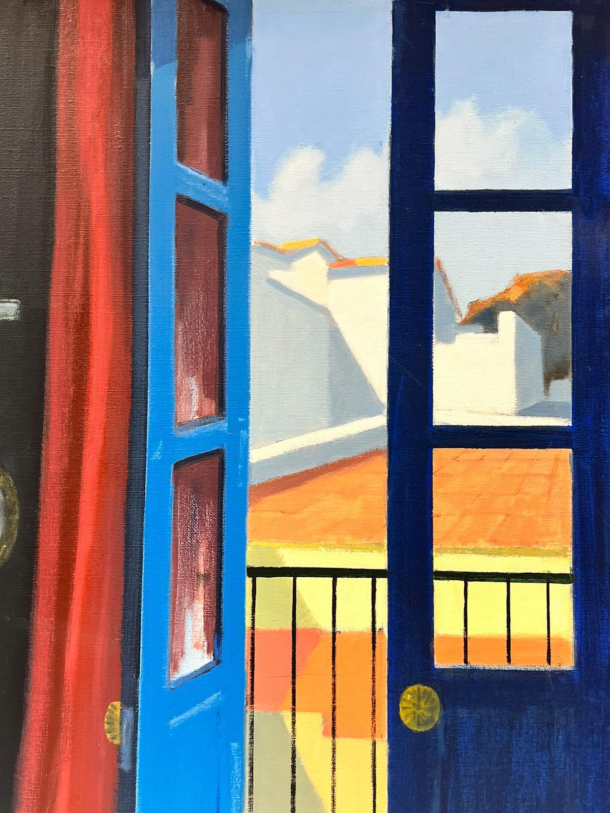 Pintura al Óleo Modernista Sueca Ventana Abierta Patio Interior Habitación Vista firmada - Interior Painting Negro de Stig Wernheden (1921–1997)