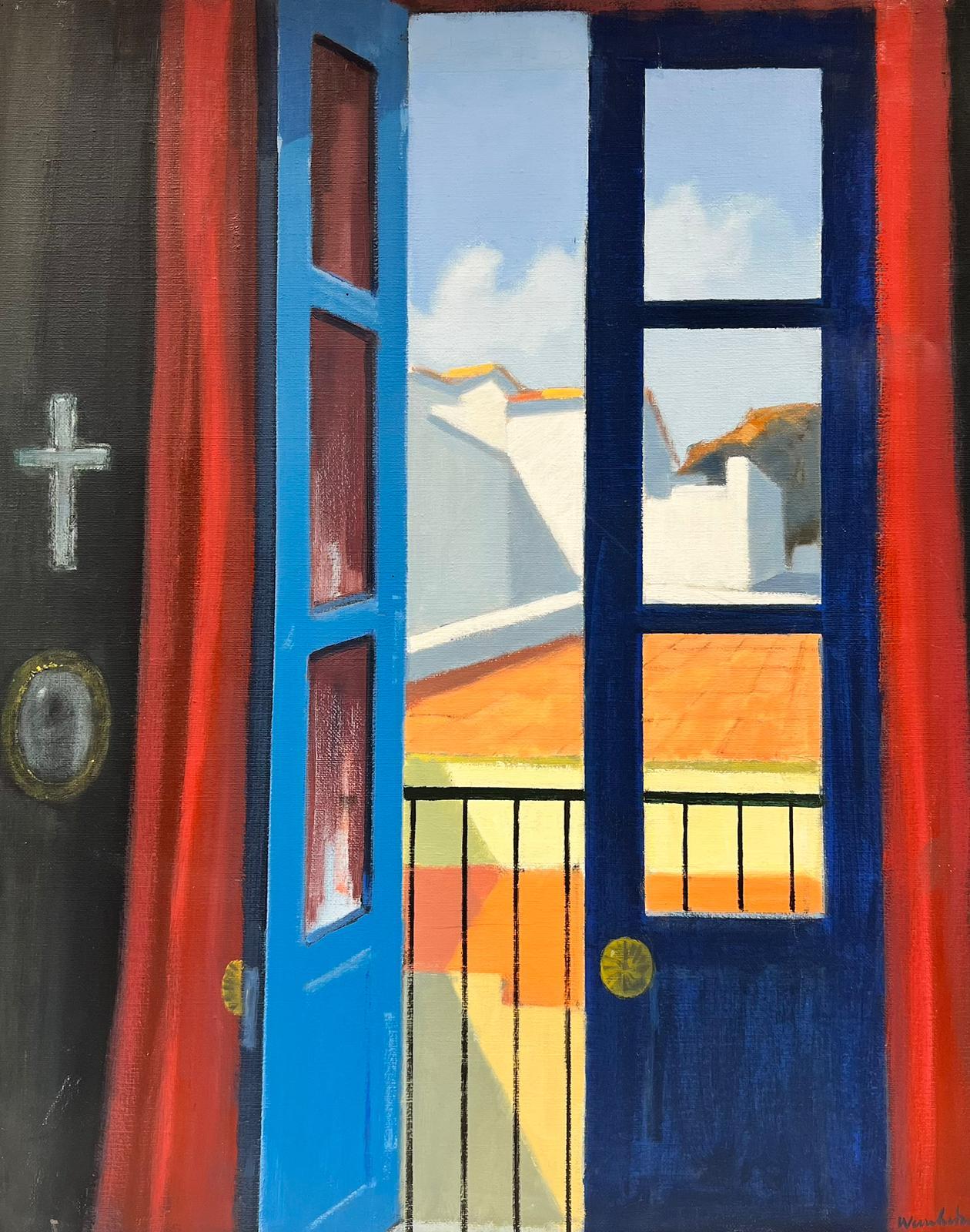 Stig Wernheden (1921–1997) Interior Painting – Schwedisches modernistisches Ölgemälde, offenes Fenster, Terrasse, Innenraumansicht, signiert