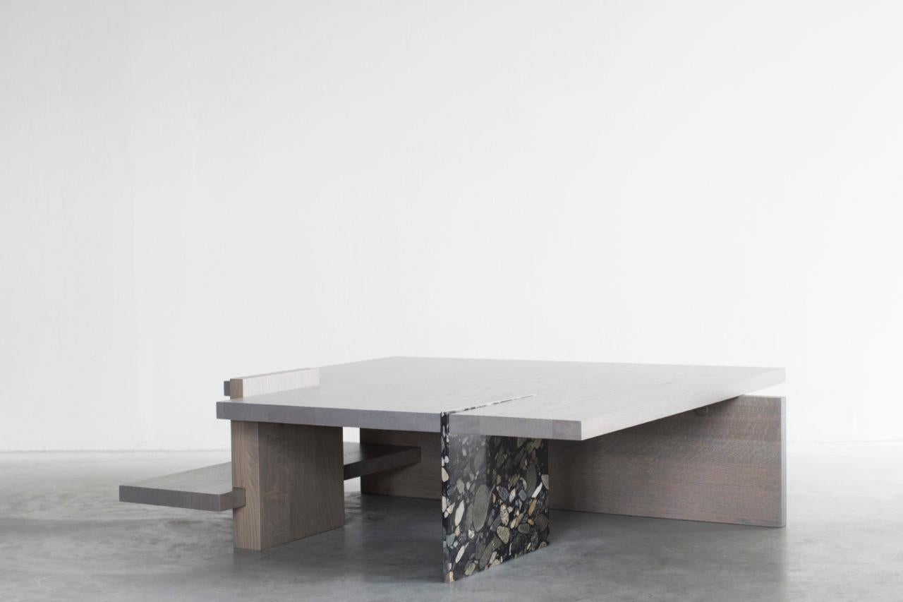 Stijl coffee table by Van Rossum
Dimensions: D120 x W120 x H35 cm
Materials: Oak, marble.

The wood is available in all standard Van Rossum colors, or in a matching finish to customer’s own sample.
Detailing is available in nickel, four brass