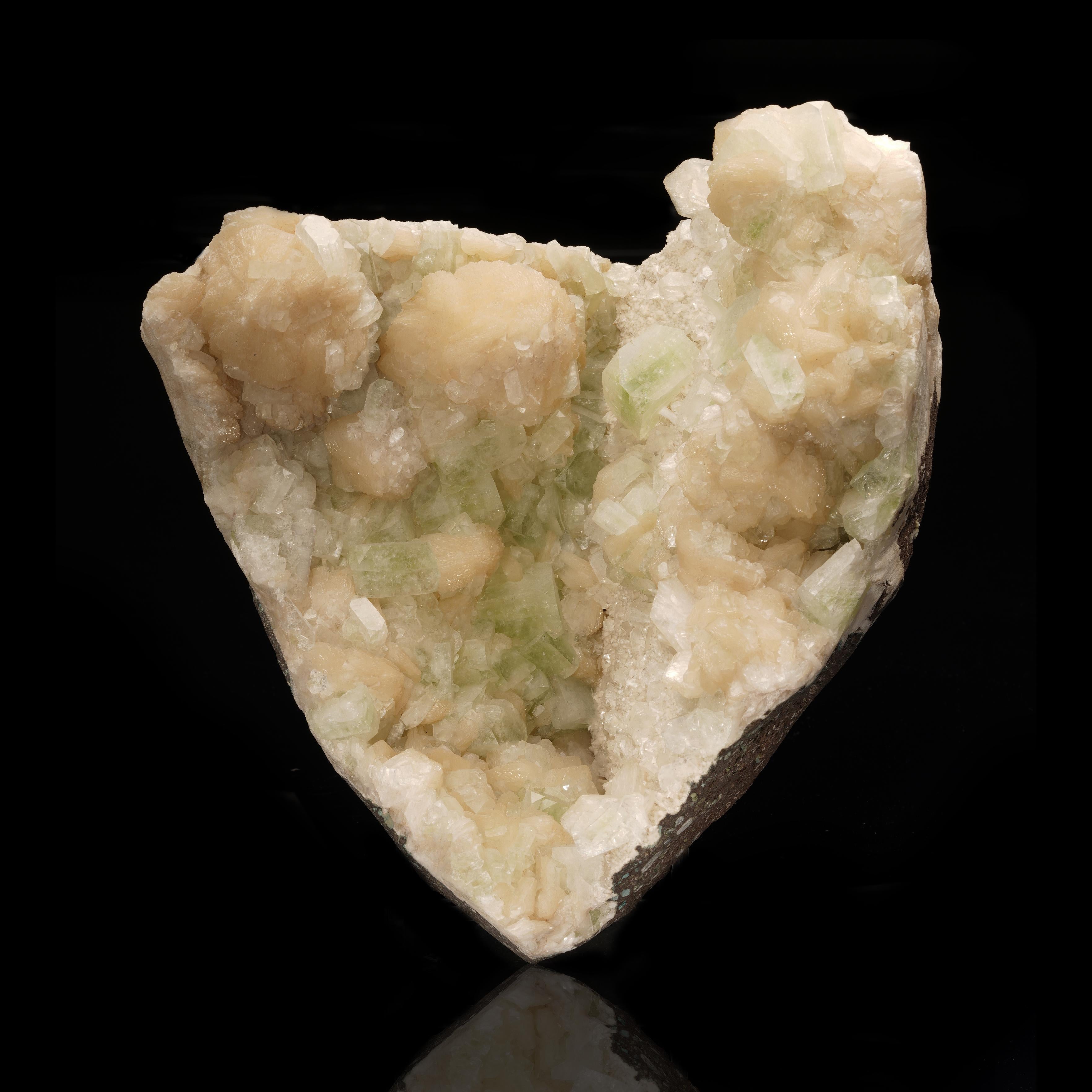 This cabinet size display piece and combination specimen features huge peach-hued stilbite crystals growing together with beautifully pigmented, moderately sized and fully formed green apophyllite crystals with great translucency. Out of Puna,