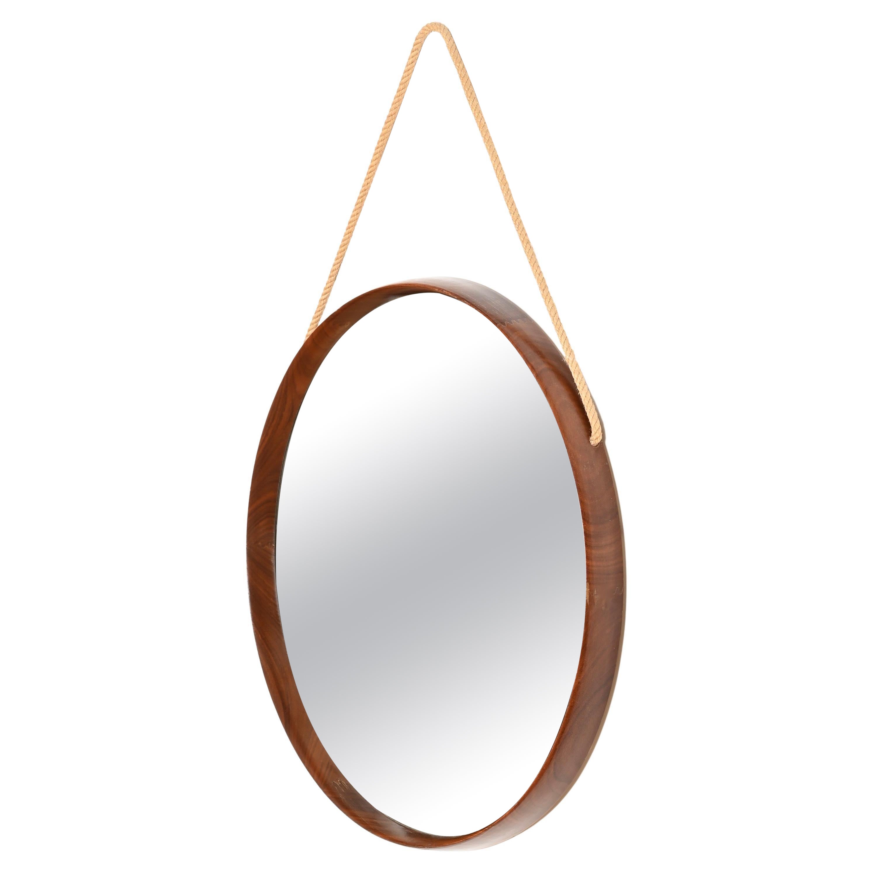 Miroir rond italien Stilcasa en teck et corde, années 1960