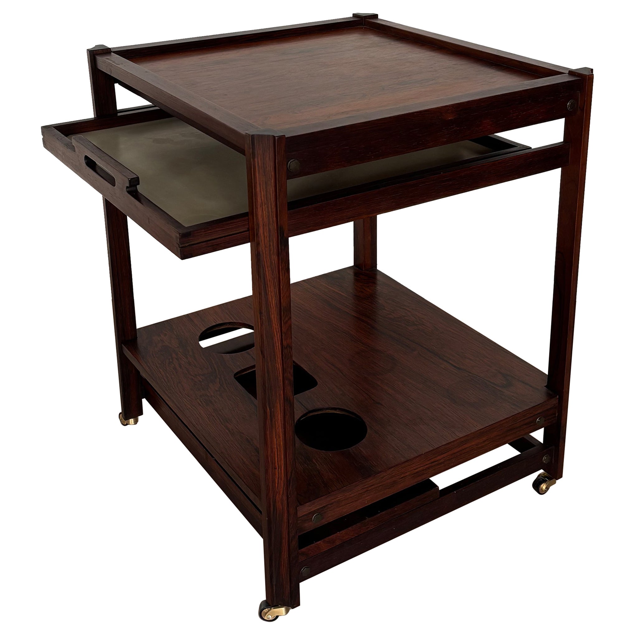 Stildomus Italian Midcentury Dark Wood Food Trolley Bar Cart 1950s in vendita