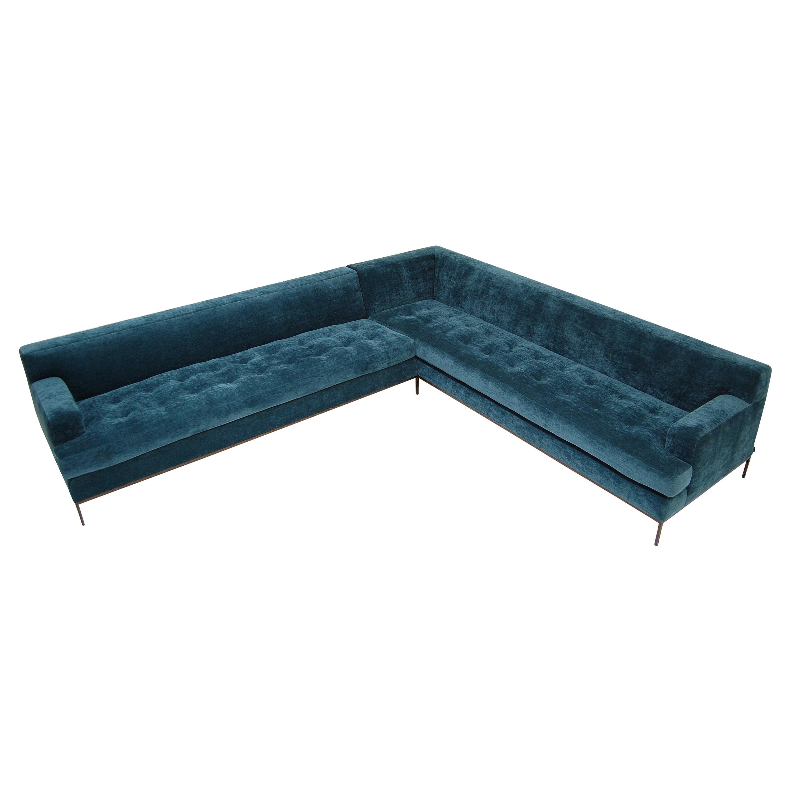 Stiletto Sectional ‘Loose Cushions’-Tufted, Metal Base, Wenge Veneer, Round Arms For Sale