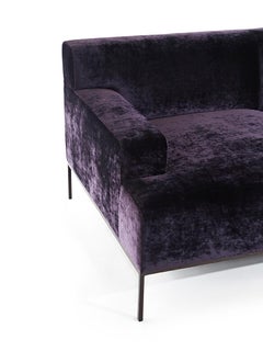 Stiletto Sofa Channeling Tufted Custom, Purple, Metal Veneer Base, Tight Seat