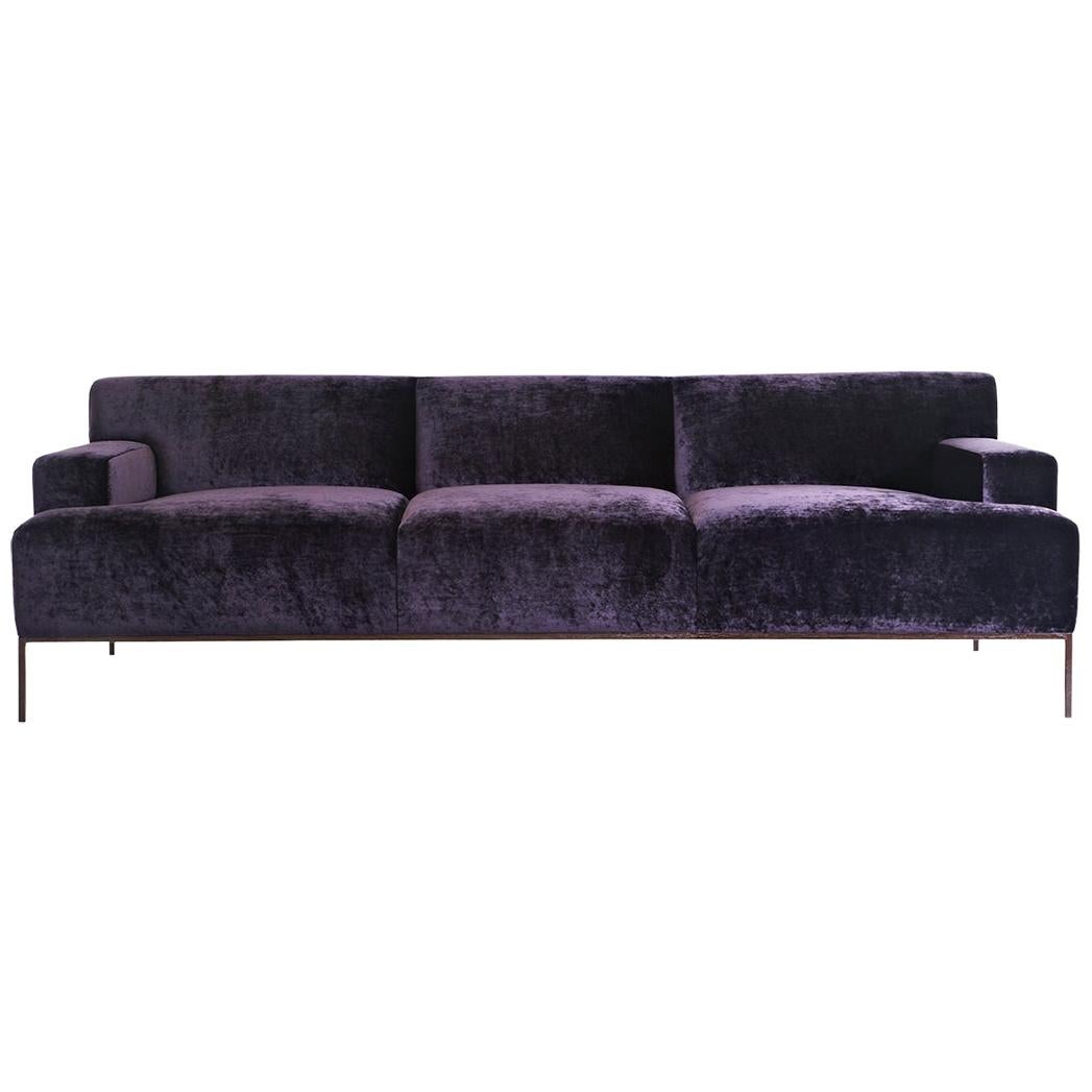 Stiletto Sofa Channeling Tufted Custom, Purple, Metal Veneer Base, Tight Seat For Sale