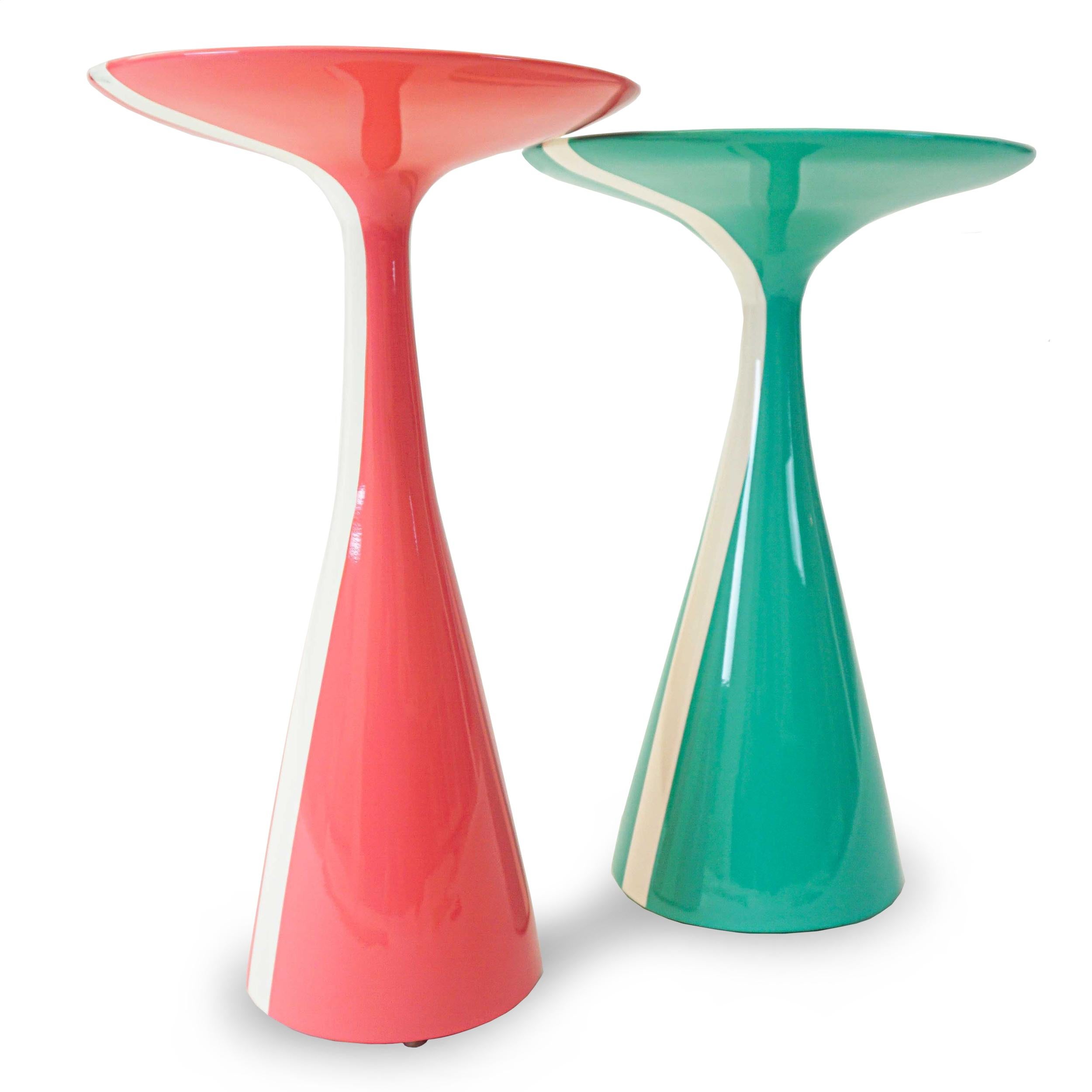 Our Stiletto table design with a fresh white stripe running across the top is made of solid hard maple and lacquered in high gloss finish. Shown here in a rich pink grapefruit and mint colors, but can be made in custom sizes and any paint color. As