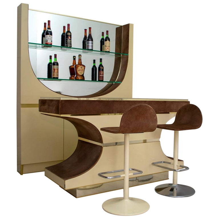 Stilglass Donati Italy MidCentury Modern Suede and Brass Bar