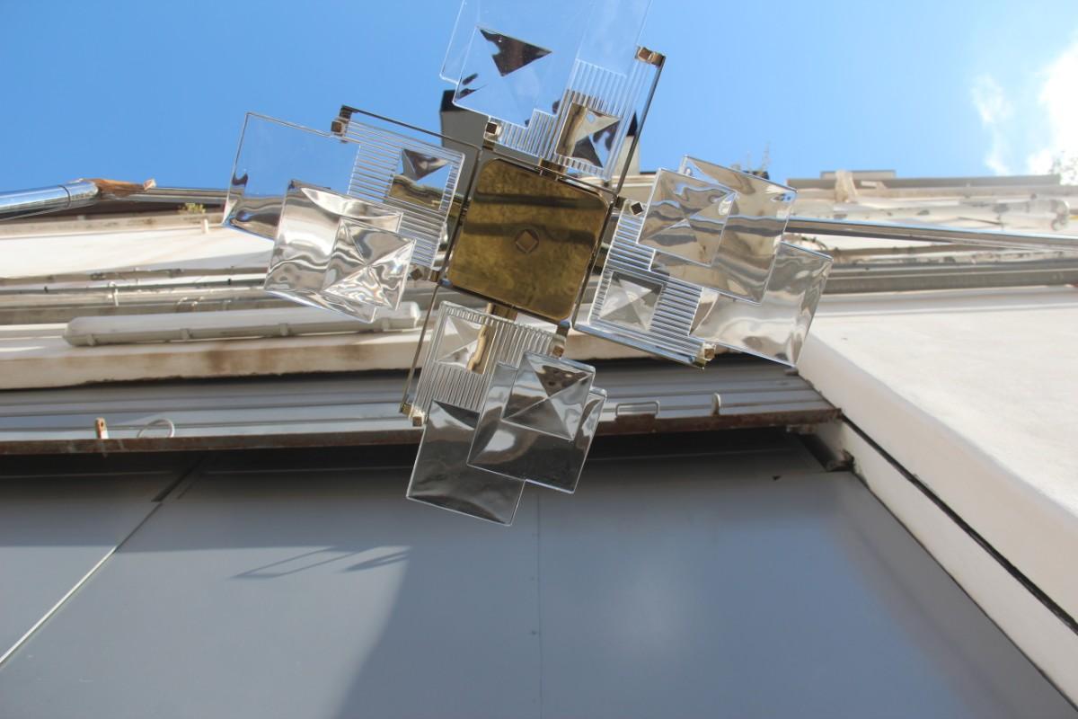 Stilkronen Geometric Chandelier Italian Design, 1970s Brass and Glass Sculptural 3