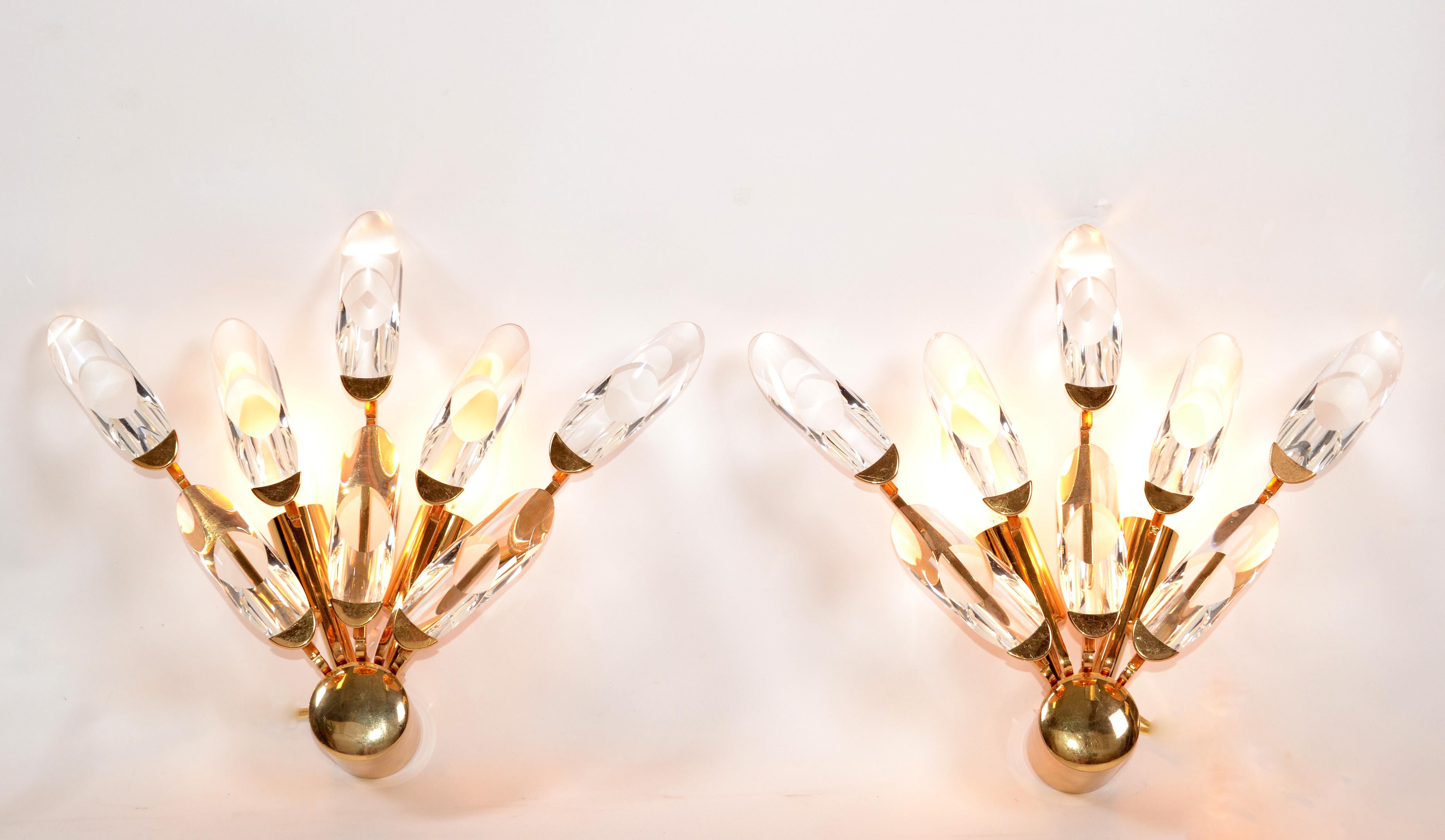 Italian Stilkronen Italy Brass and Crystal Sconces Mid-Century Modern, 2 Pairs Available For Sale