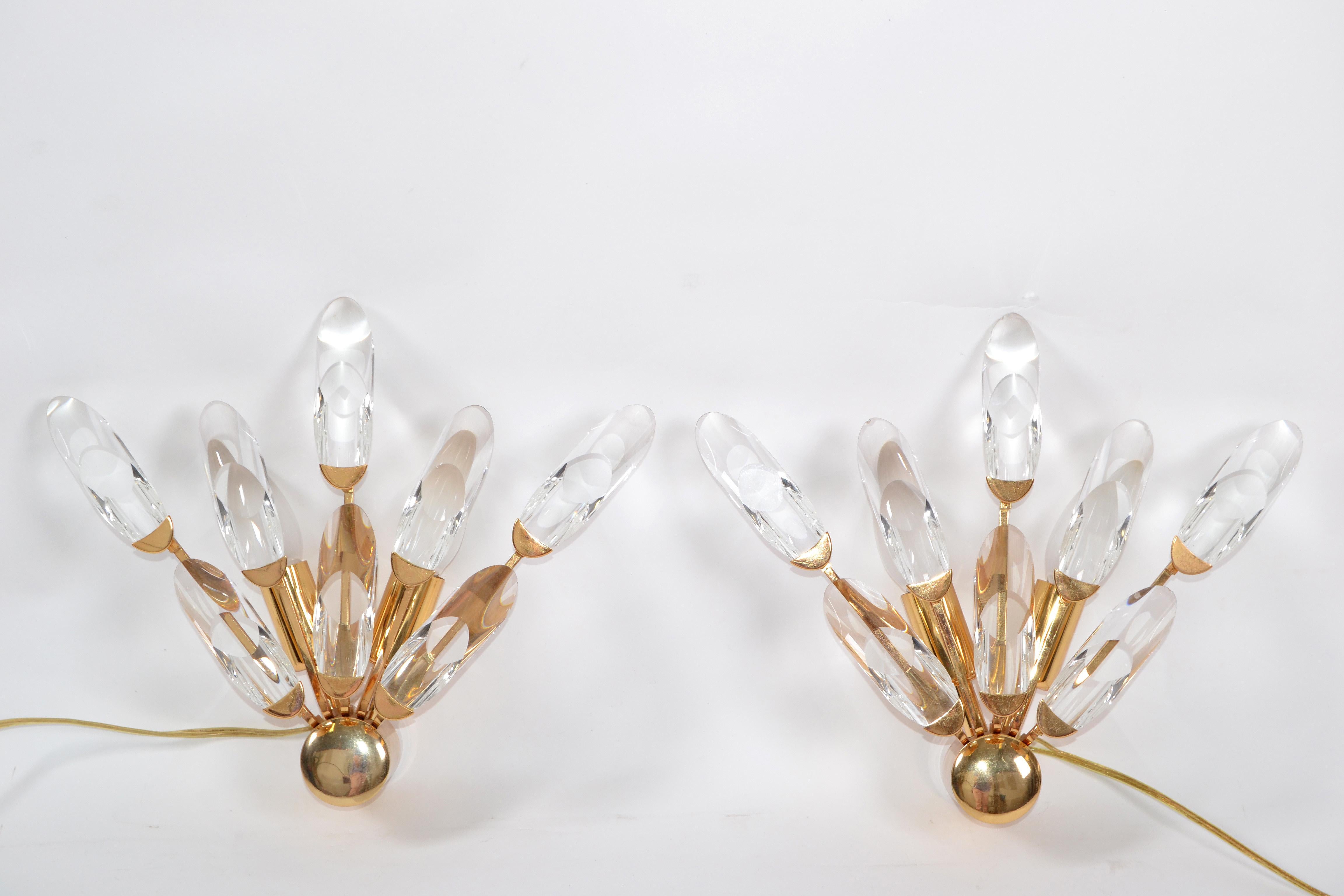 Late 20th Century Stilkronen Italy Brass and Crystal Sconces Mid-Century Modern, 2 Pairs Available For Sale