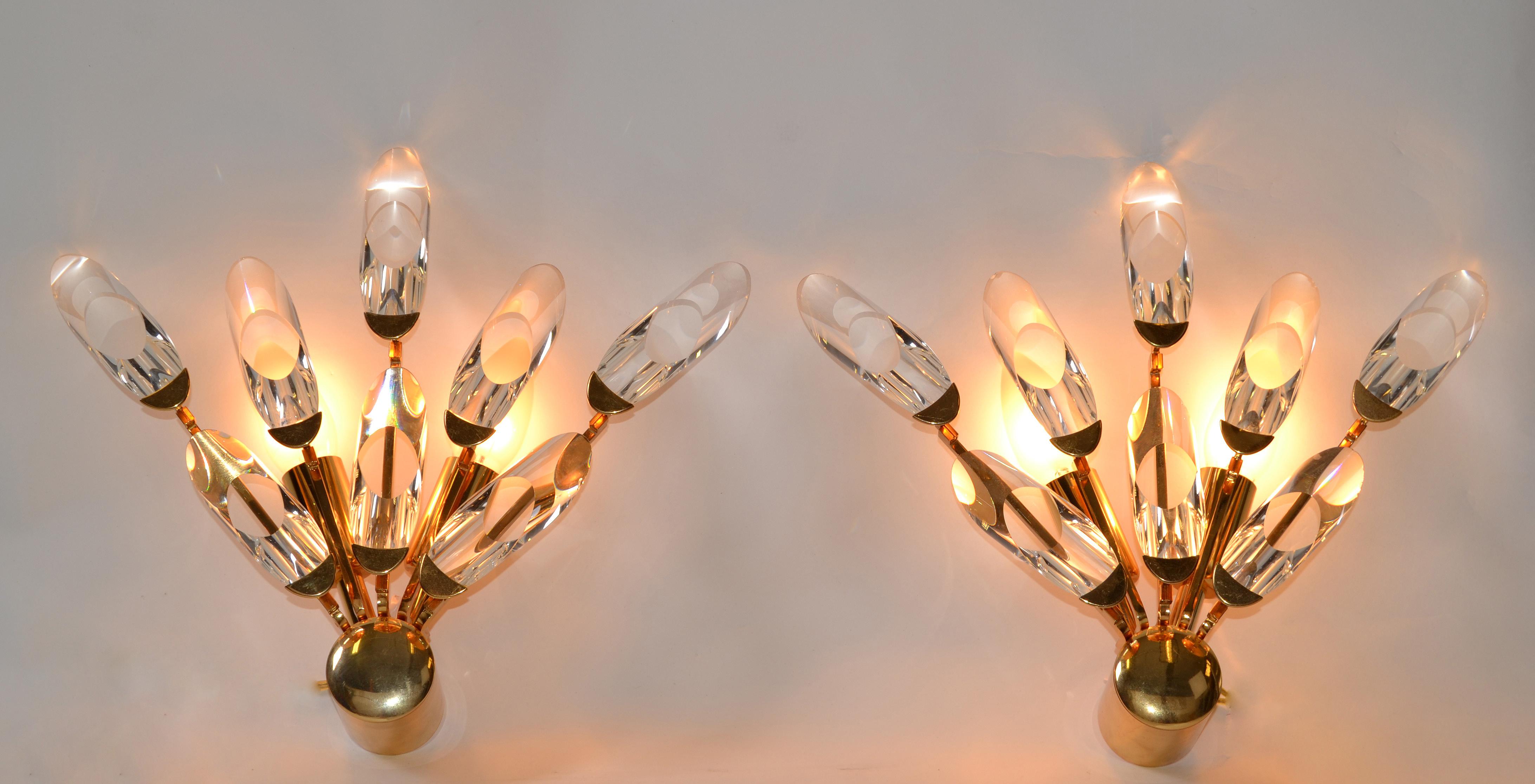 Gold Plate Stilkronen Italy Brass and Crystal Sconces Mid-Century Modern, 2 Pairs Available For Sale