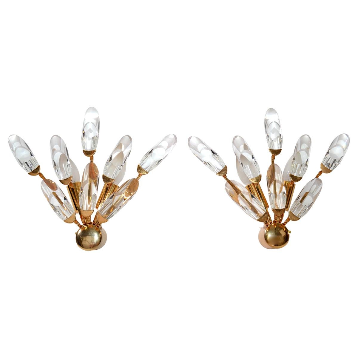 Stilkronen Italy Brass and Crystal Sconces Mid-Century Modern, 2 Pairs Available For Sale