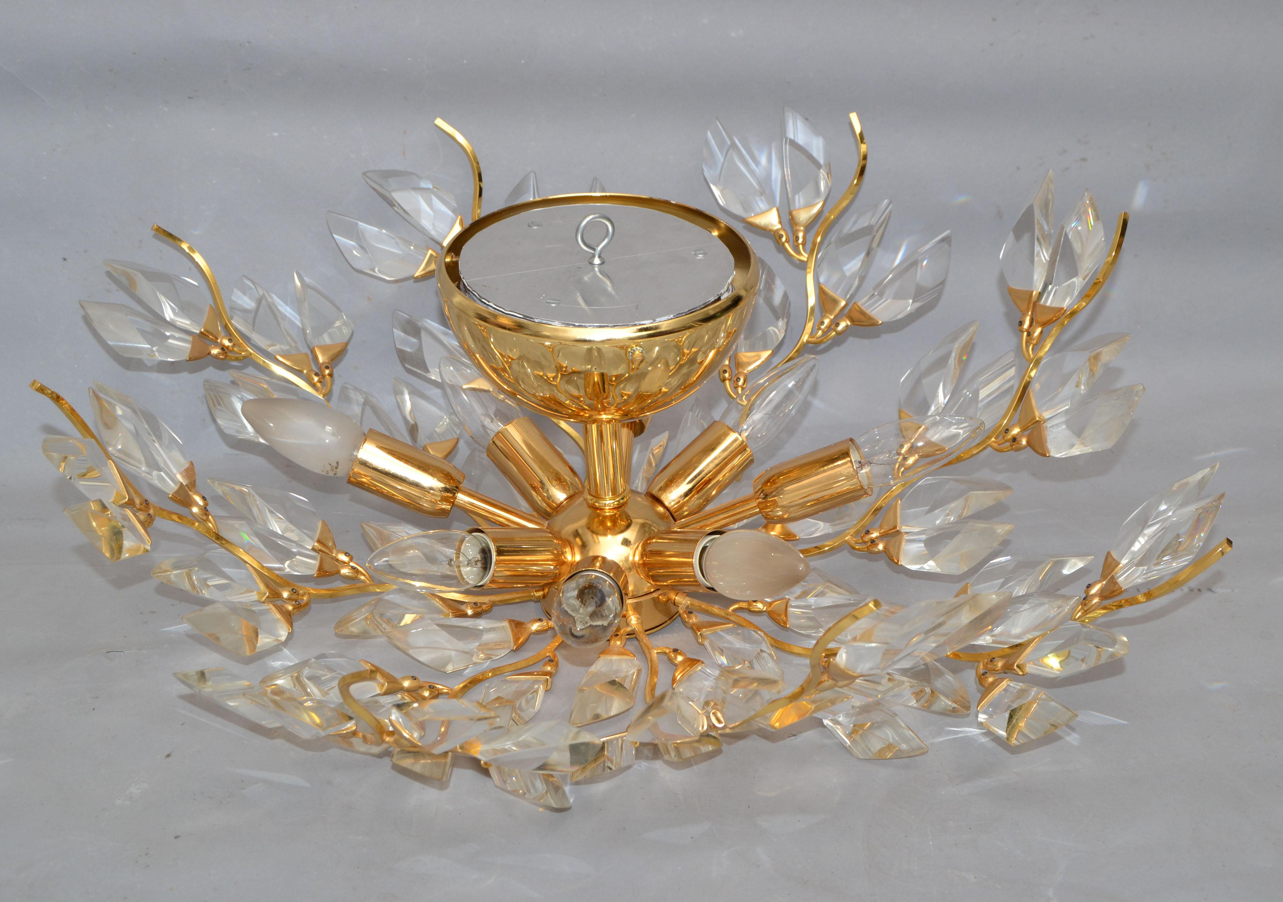 Polished Stilkronen Mid-Century Modern 8 Light Gold Plate Brass &Crystal Chandelier Italy For Sale