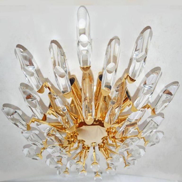 Superb glass and brass flush mount chandelier by Stilkronen Ten lights, 40 watts max per light. 30 crystals.