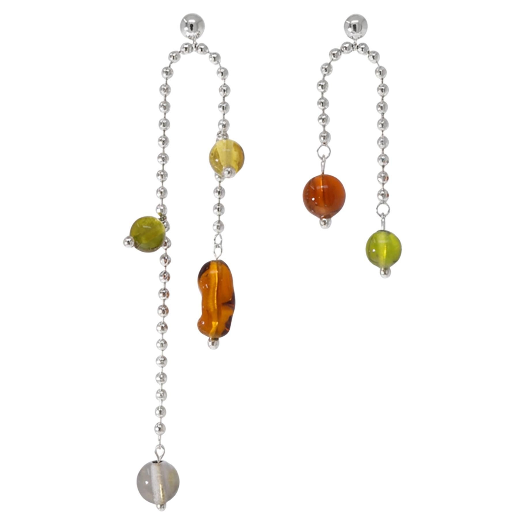 Still Asymmetrical Earrings in 925 Sterling Silver & Brown Multi Stone by CLED