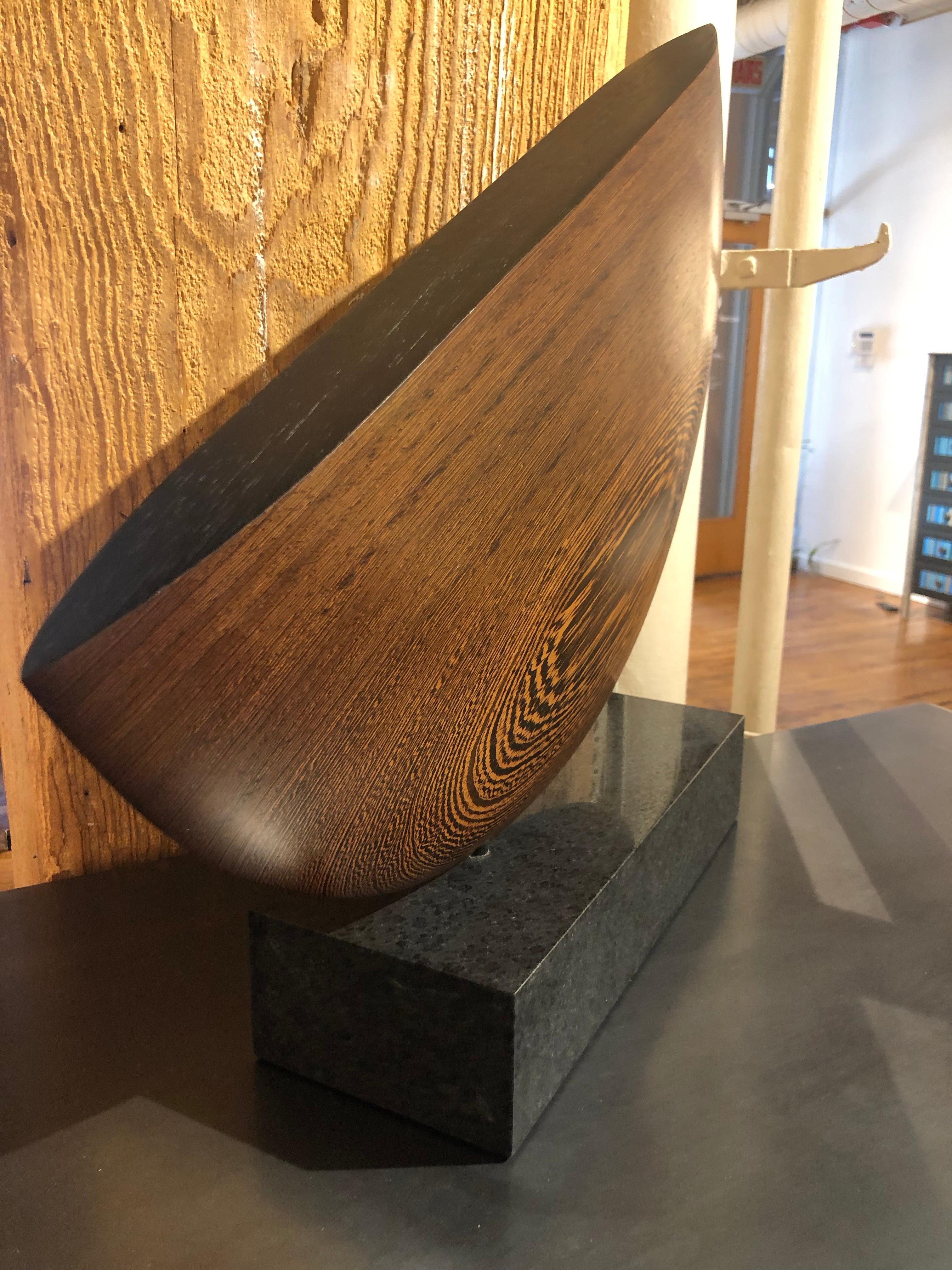 Still, Hand Carved Wenge Wood Diagonal Half Moon Sculpture on Granite Base In New Condition In Chicago, IL