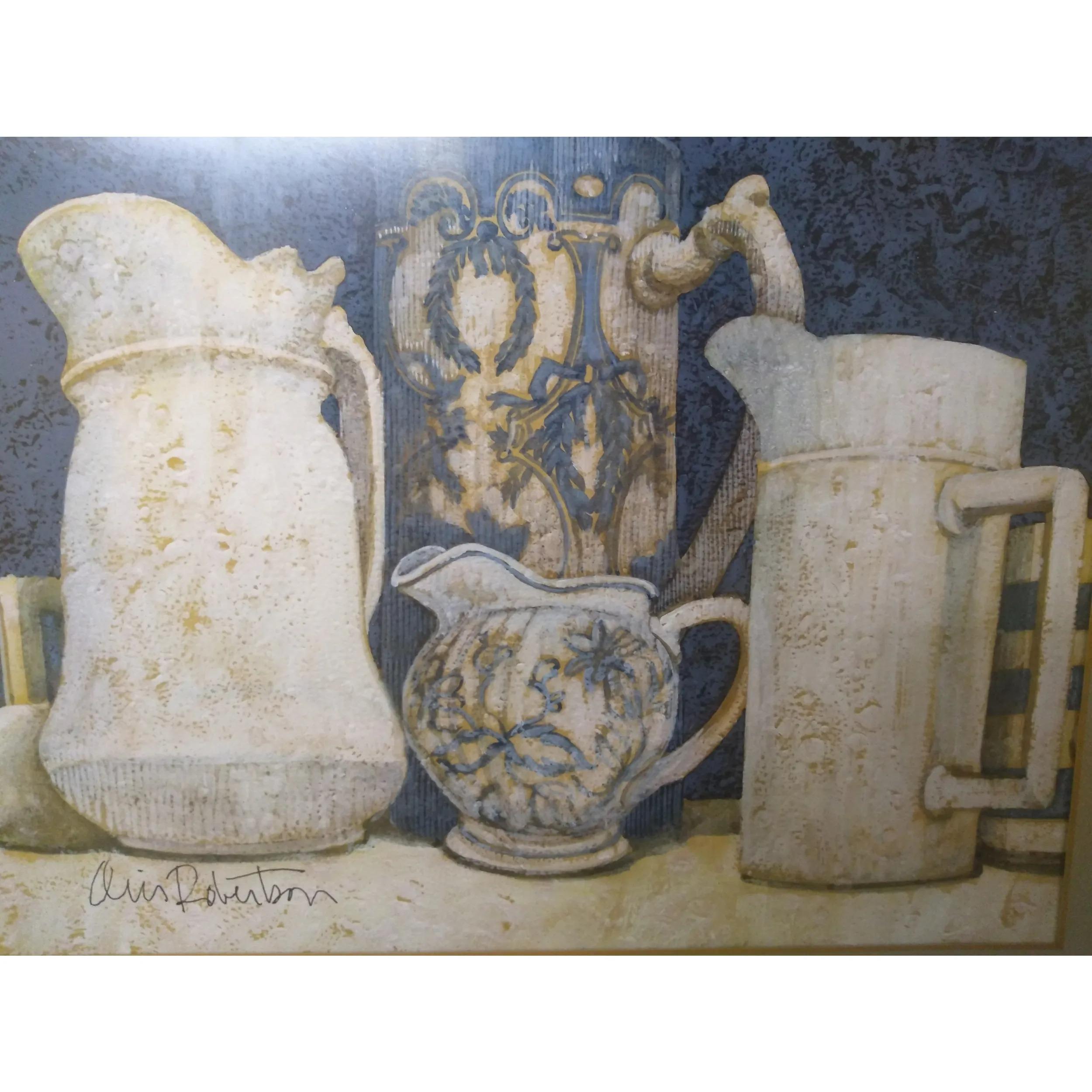 Still Life in Oil by Oris Roberstson
1970s

Still life of ceramics in a neutral palette by Texas artist Oris Robertson. 

Oris Robertson was a prolific visual artist, he started painting and drawing as a boy in Brownsville, Texas in the mid