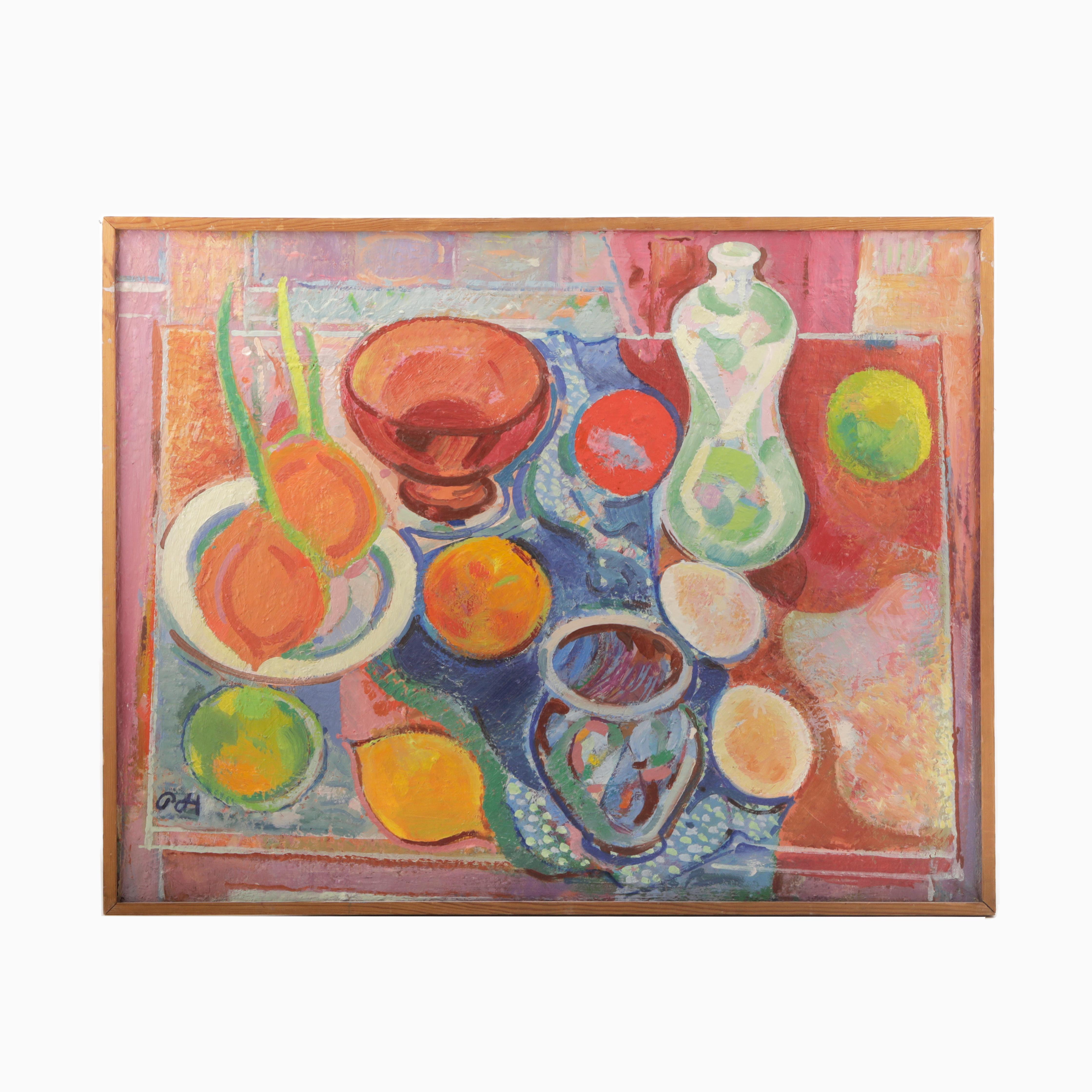 Poul Horsdal (1936-1981), Danish / Faroese painter.
Still life painting, oil on canvas.
Signed with monogram: PH

Measures incl. frame : H 51½ W 65½ D 2 cm

A painting with the same motif can be found at the Faroe Islands' Art Museum in Torshavn.