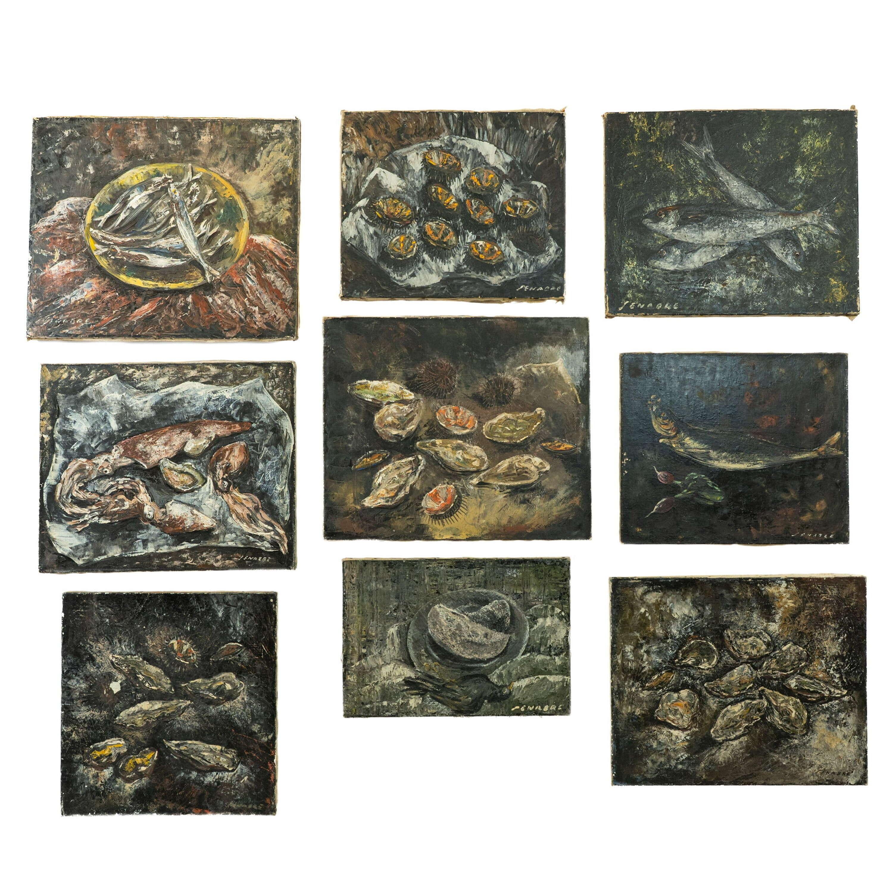 Stillleben Collection'S: Ramon Jou Senabre (1893-1978)
Serie von 9 dunkel getönten Ölgemälden auf Leinwand, die Fisch und Meeresfrüchte darstellen.
Entstanden im Laufe der Jahre 1930-1931. Alle sind entweder auf der Vorderseite, der Rückseite oder