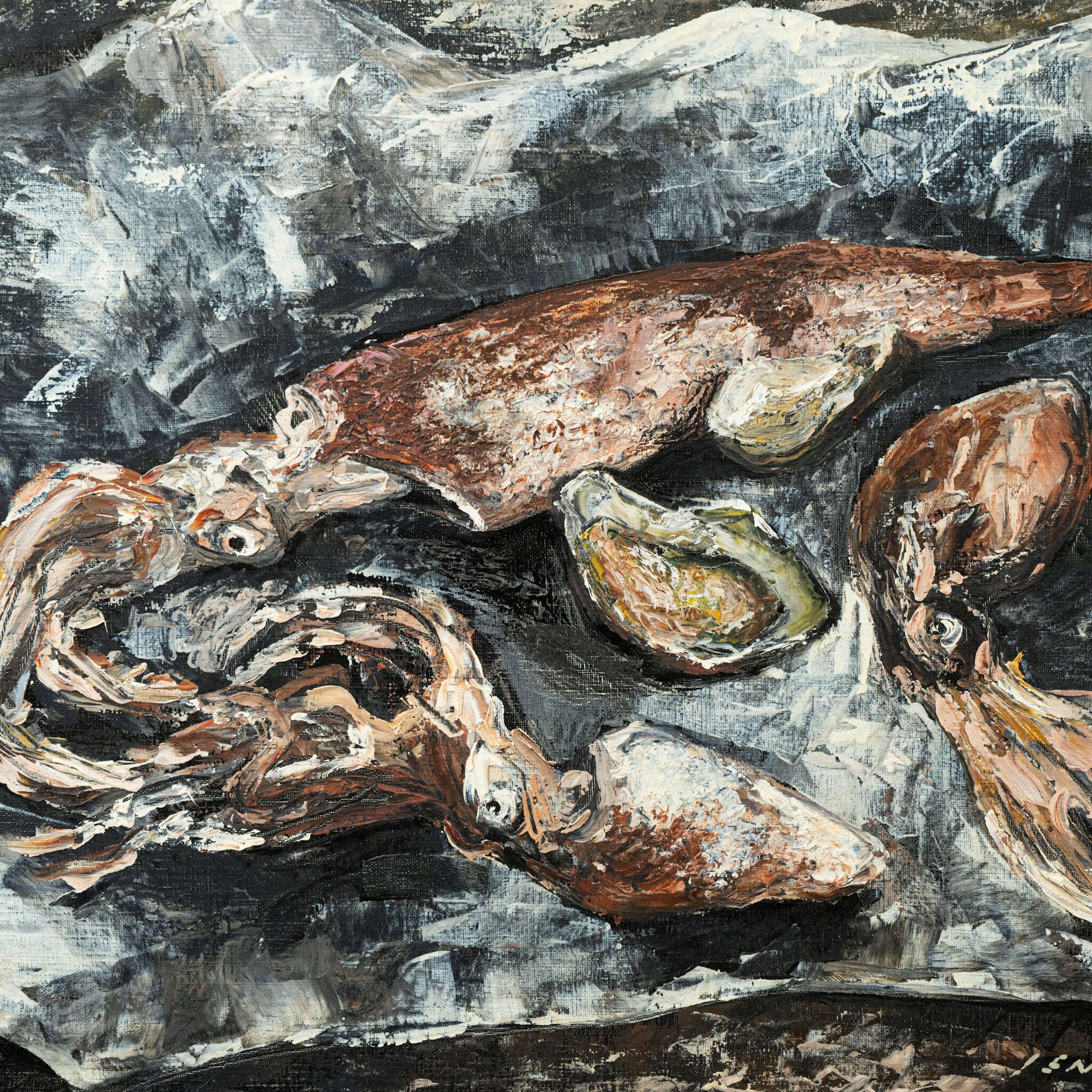 Stillleben Collection'S: Ramon Jou Senabre (1893-1978) Fisch Meeresfrüchte Küchenkunst (Handbemalt) im Angebot