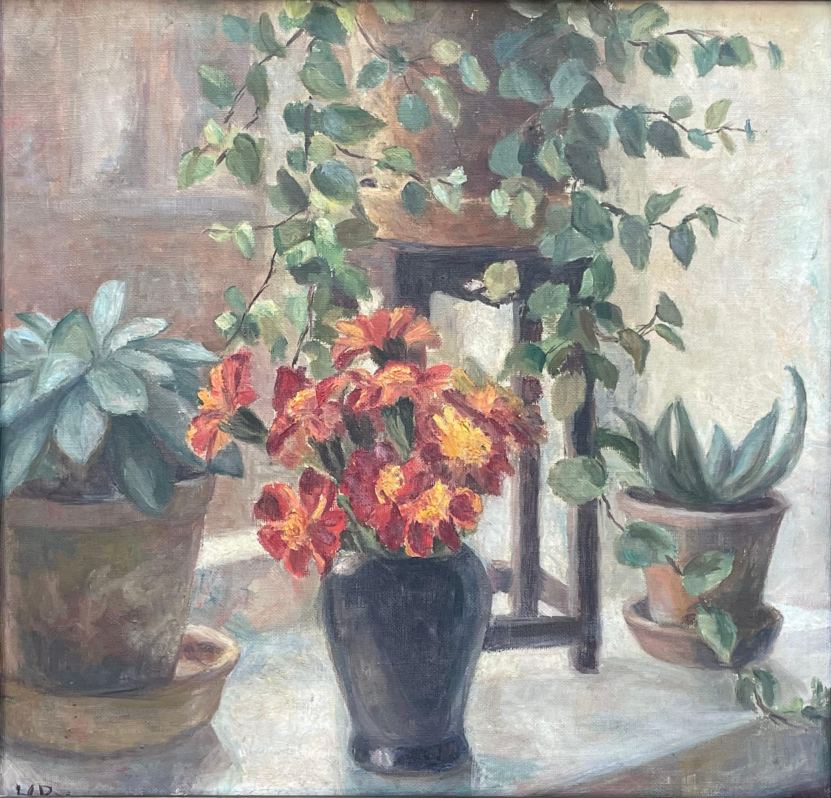 Art Déco Natura morta danese dell'inizio del XX secolo dipinta ad olio con fiori e piante in vendita