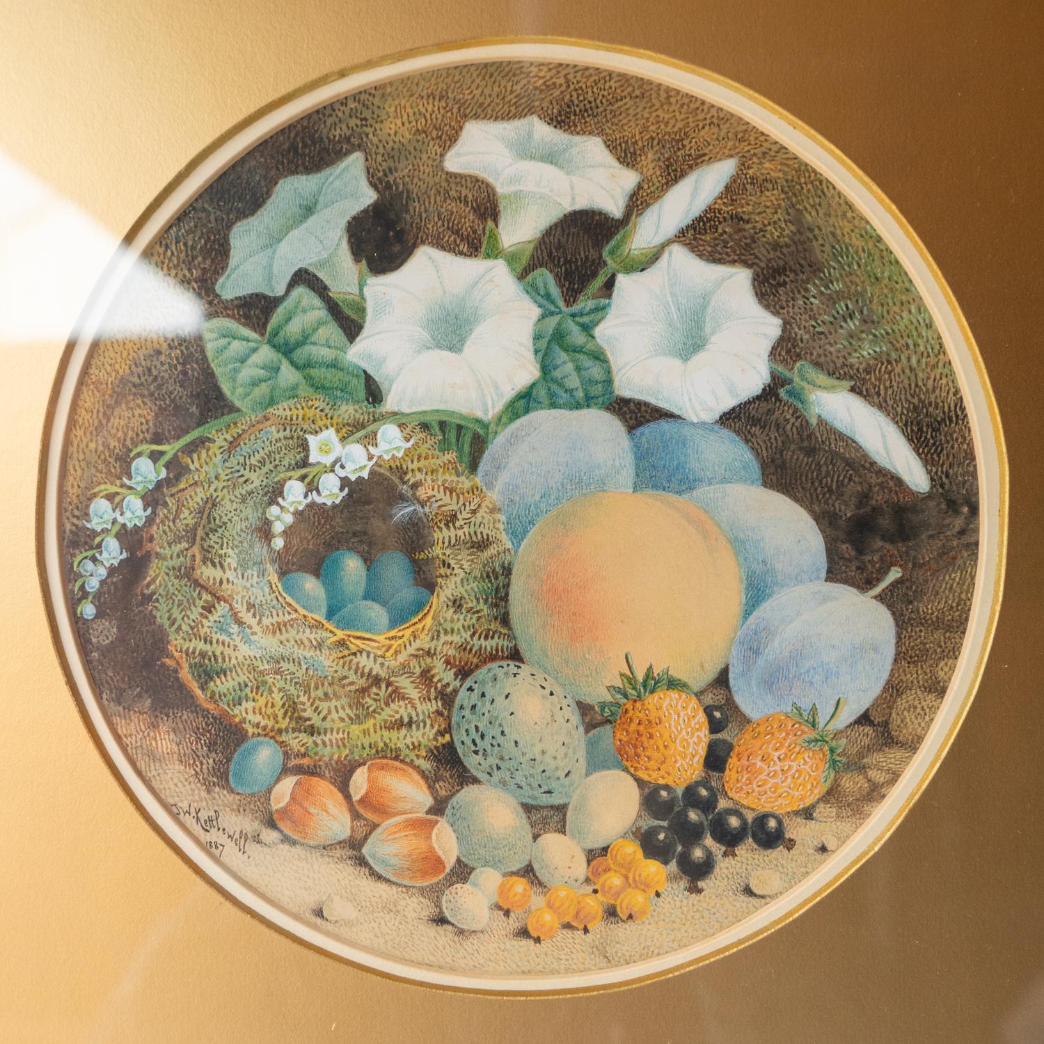 Painted Still Life Painting Of Birds Nest With Eggs, Fruit & Flowers By J. W. Kettlewell For Sale