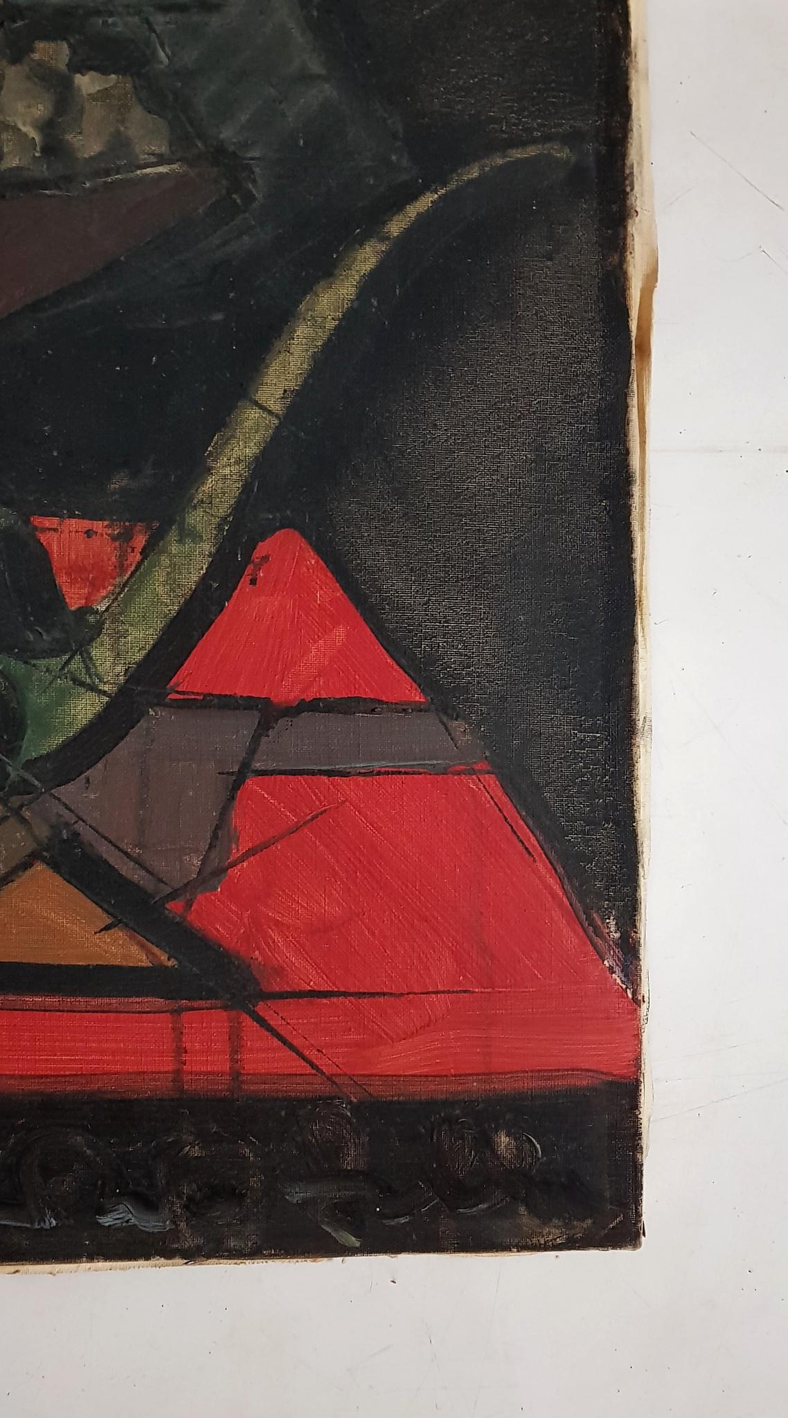 Midcentury oil painting on canvas reminiscent of the artist Bernard Buffet. In good condition without outer frame. On the back there is a dedication and date. Artist unknown.