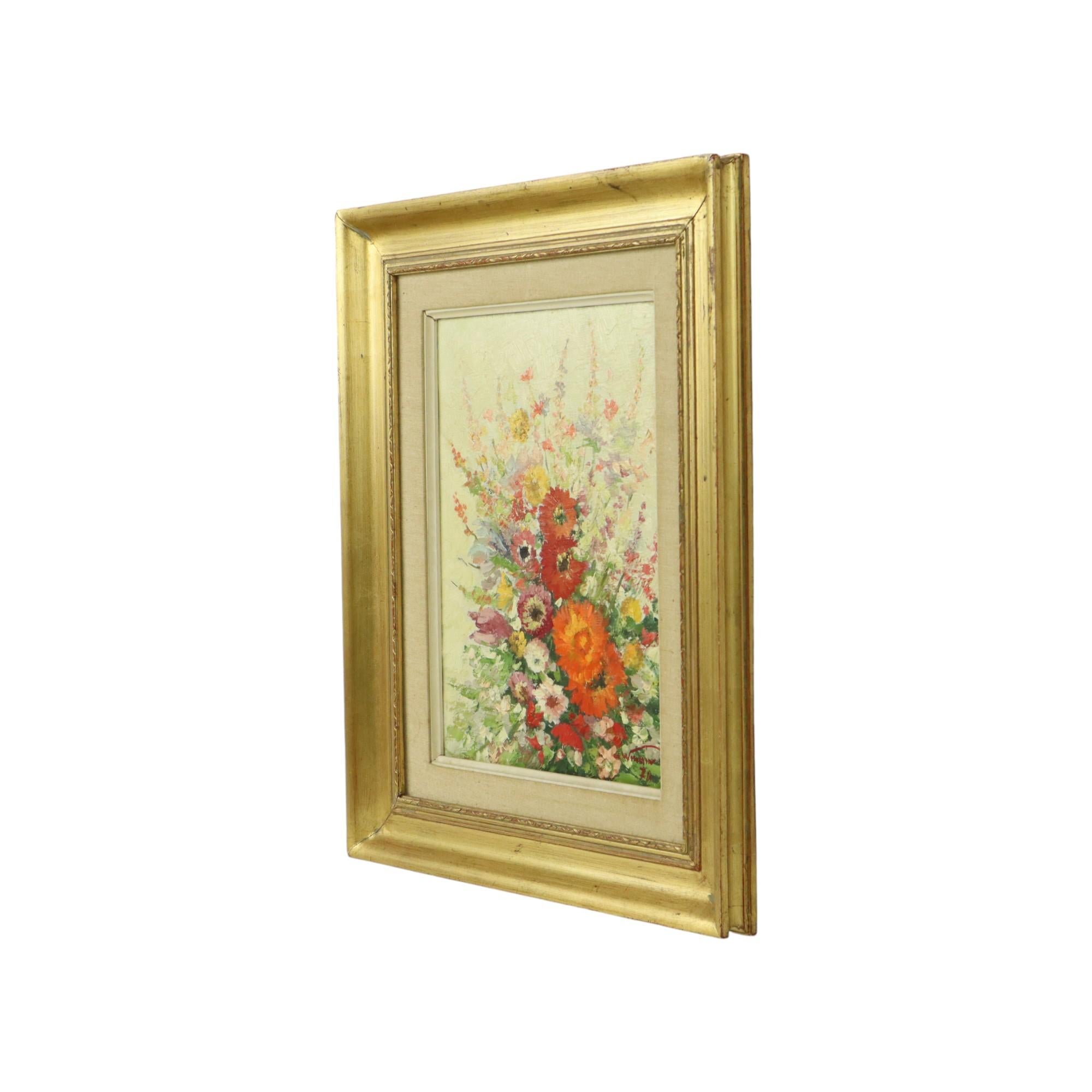 Belgian Still Life Flowers Painting Canvas Gold Frame Signed 1970 For Sale