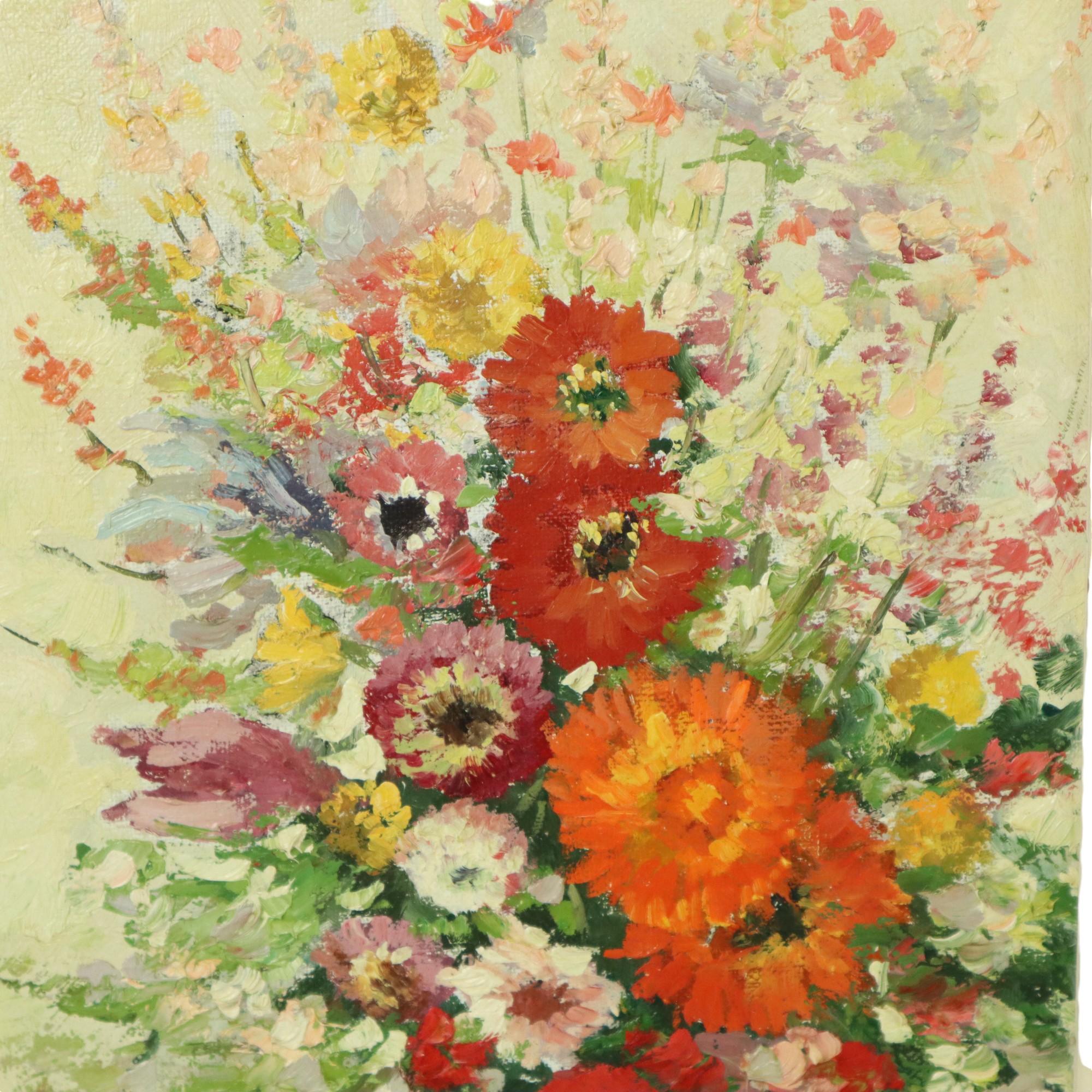 Hand-Painted Still Life Flowers Painting Canvas Gold Frame Signed 1970 For Sale