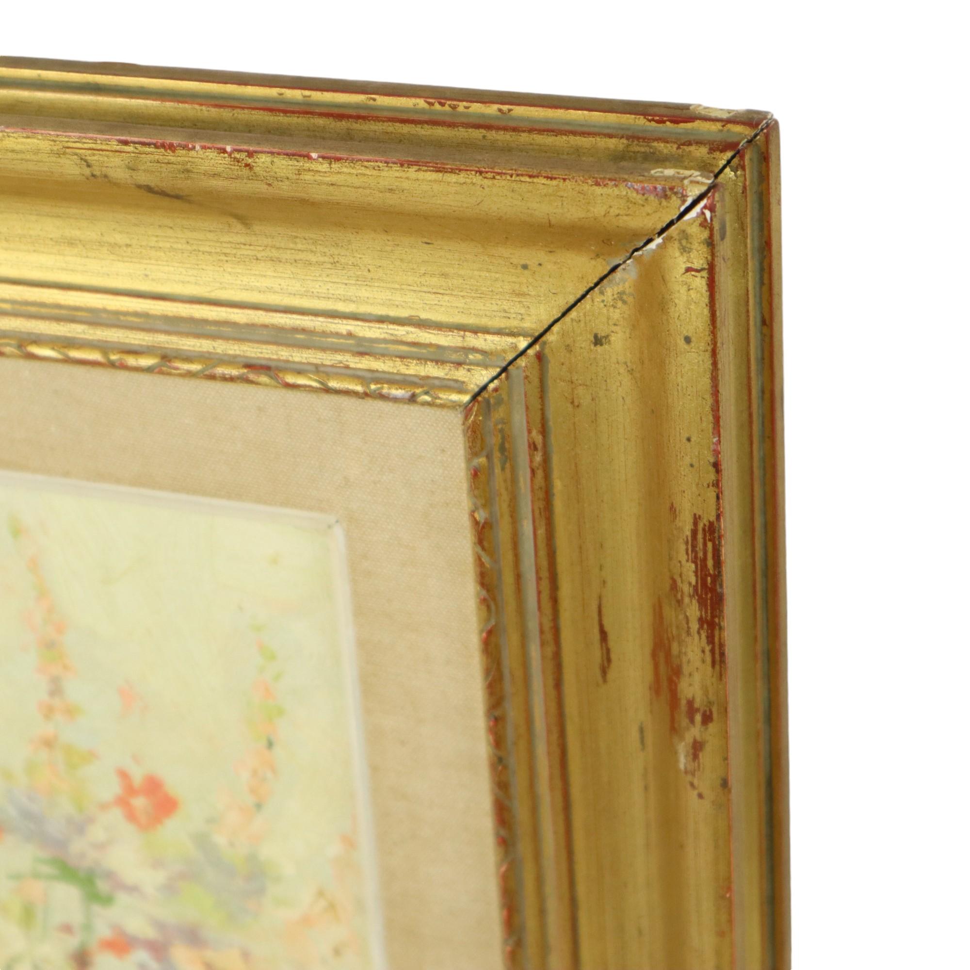 Still Life Flowers Painting Canvas Gold Frame Signed 1970 For Sale 1