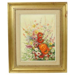 Still Life Flowers Painting Canvas Gold Frame Signed 1970