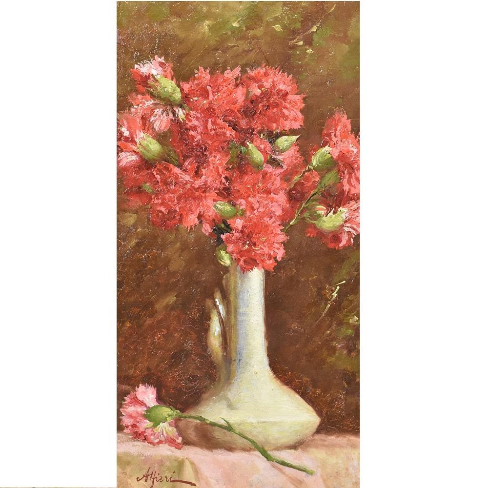 Flowers artwork, antique oil painting, still life with small Bouquet of Red Carnation flowers proposed here is an
oil painting on canvas of the Nineteenth century. It also has an original gold leaf frame from the 19th century. 
This is a small