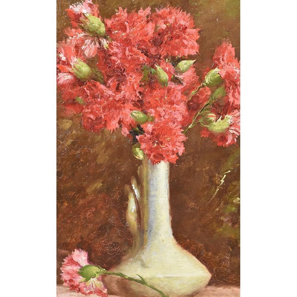 Stillleben, Blumenvasengemälde, Rotes Hochzeitsblumen, Öl auf Leinwand, XIX (Napoleon III.) im Angebot