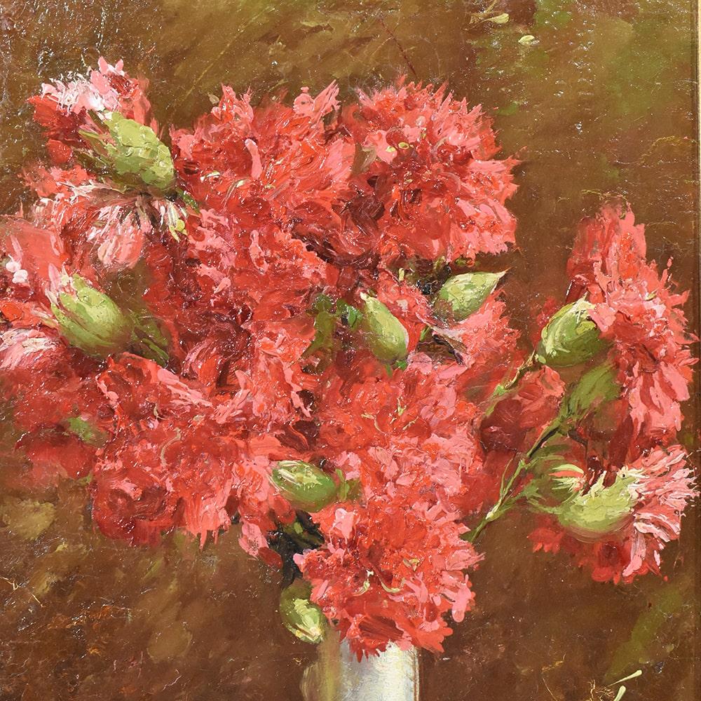 Stillleben, Blumenvasengemälde, Rotes Hochzeitsblumen, Öl auf Leinwand, XIX (Italienisch) im Angebot