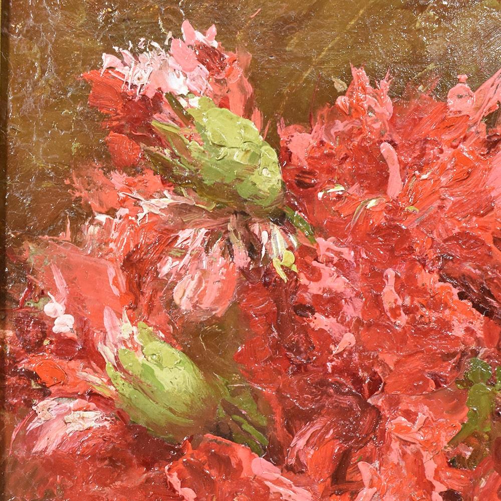 Napoleon III Still Life, Flowers Vase Painting, Red Carnation Flowers, Oil on Canvas, XIX For Sale