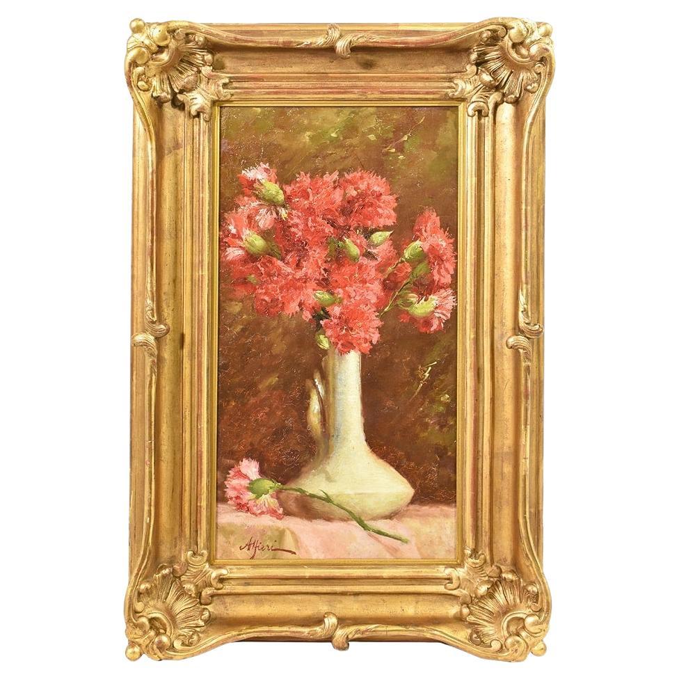 Still Life, Flowers Vase Painting, Red Carnation Flowers, Oil on Canvas, XIX For Sale