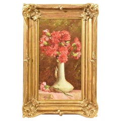 Antique Still Life, Flowers Vase Painting, Red Carnation Flowers, Oil on Canvas, XIX